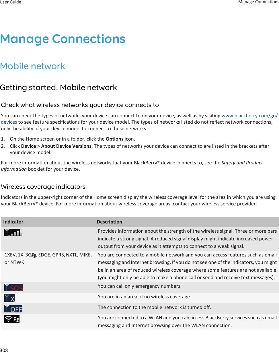 Manage ConnectionsMobile networkGetting started: Mobile networkCheck what wireless networks your device connects toYou can check the types of networks your device can connect to on your device, as well as by visiting www.blackberry.com/go/devices to see feature specifications for your device model. The types of networks listed do not reflect network connections, only the ability of your device model to connect to those networks.1. On the Home screen or in a folder, click the Options icon.2. Click Device &gt; About Device Versions. The types of networks your device can connect to are listed in the brackets after your device model.For more information about the wireless networks that your BlackBerry® device connects to, see the Safety and Product Information booklet for your device.Wireless coverage indicatorsIndicators in the upper-right corner of the Home screen display the wireless coverage level for the area in which you are using your BlackBerry® device. For more information about wireless coverage areas, contact your wireless service provider.Indicator DescriptionProvides information about the strength of the wireless signal. Three or more bars indicate a strong signal. A reduced signal display might indicate increased power output from your device as it attempts to connect to a weak signal.1XEV, 1X, 3G , EDGE, GPRS, NXTL, MIKE, or NTWKYou are connected to a mobile network and you can access features such as email messaging and Internet browsing. If you do not see one of the indicators, you might be in an area of reduced wireless coverage where some features are not available (you might only be able to make a phone call or send and receive text messages).You can call only emergency numbers.You are in an area of no wireless coverage.The connection to the mobile network is turned off.You are connected to a WLAN and you can access BlackBerry services such as email messaging and Internet browsing over the WLAN connection.User Guide Manage Connections308