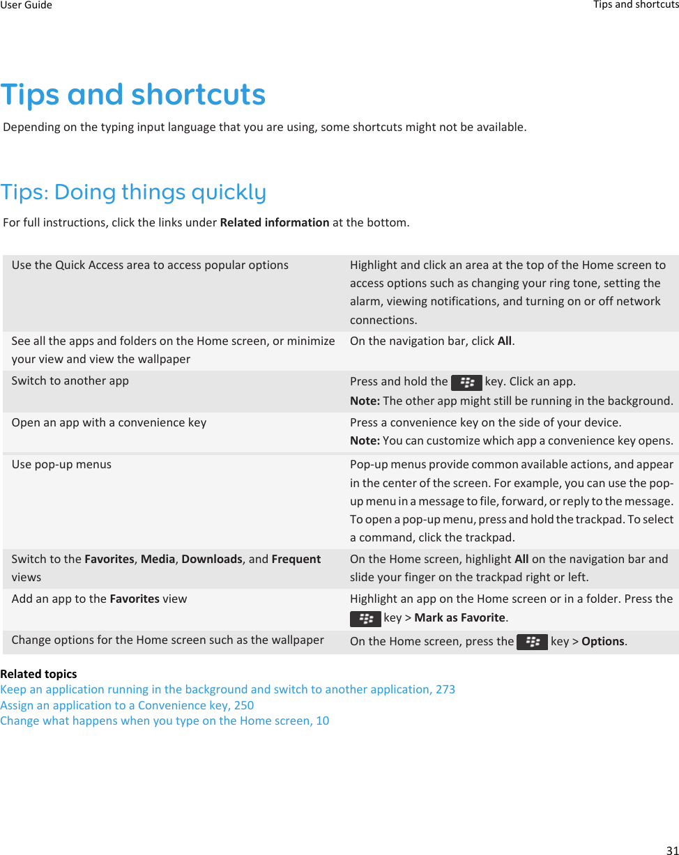 Tips and shortcutsDepending on the typing input language that you are using, some shortcuts might not be available.Tips: Doing things quicklyFor full instructions, click the links under Related information at the bottom.Use the Quick Access area to access popular options Highlight and click an area at the top of the Home screen to access options such as changing your ring tone, setting the alarm, viewing notifications, and turning on or off network connections.See all the apps and folders on the Home screen, or minimize your view and view the wallpaperOn the navigation bar, click All.Switch to another app Press and hold the   key. Click an app.Note: The other app might still be running in the background.Open an app with a convenience key Press a convenience key on the side of your device.Note: You can customize which app a convenience key opens.Use pop-up menus Pop-up menus provide common available actions, and appear in the center of the screen. For example, you can use the pop-up menu in a message to file, forward, or reply to the message. To open a pop-up menu, press and hold the trackpad. To select a command, click the trackpad.Switch to the Favorites, Media, Downloads, and Frequent viewsOn the Home screen, highlight All on the navigation bar and slide your finger on the trackpad right or left.Add an app to the Favorites view Highlight an app on the Home screen or in a folder. Press the  key &gt; Mark as Favorite.Change options for the Home screen such as the wallpaper On the Home screen, press the   key &gt; Options.Related topicsKeep an application running in the background and switch to another application, 273Assign an application to a Convenience key, 250Change what happens when you type on the Home screen, 10User Guide Tips and shortcuts31