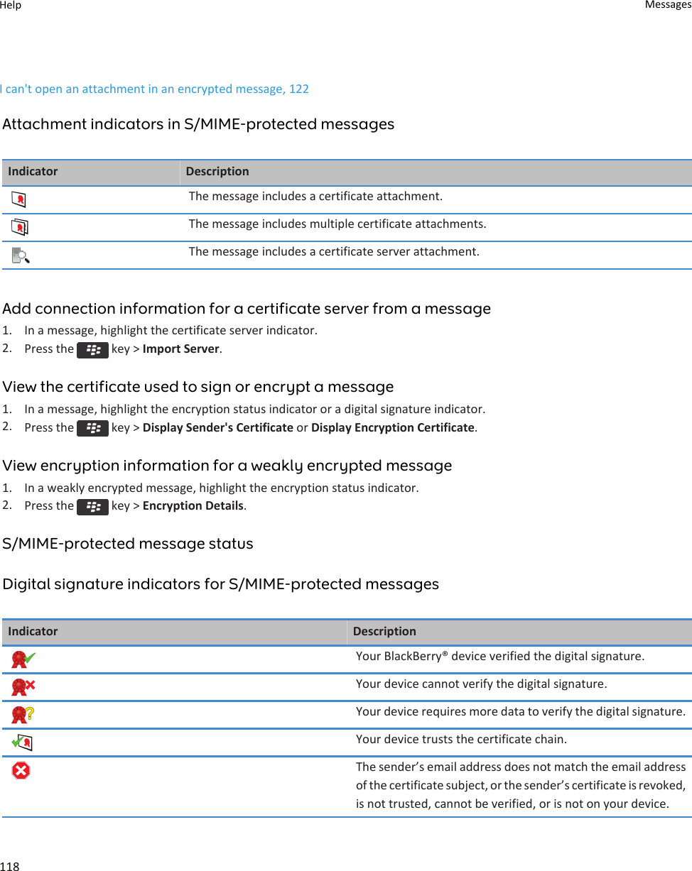 I can&apos;t open an attachment in an encrypted message, 122Attachment indicators in S/MIME-protected messagesIndicator DescriptionThe message includes a certificate attachment.The message includes multiple certificate attachments.The message includes a certificate server attachment.Add connection information for a certificate server from a message1. In a message, highlight the certificate server indicator.2. Press the   key &gt; Import Server.View the certificate used to sign or encrypt a message1. In a message, highlight the encryption status indicator or a digital signature indicator.2. Press the   key &gt; Display Sender&apos;s Certificate or Display Encryption Certificate.View encryption information for a weakly encrypted message1. In a weakly encrypted message, highlight the encryption status indicator.2. Press the   key &gt; Encryption Details.S/MIME-protected message statusDigital signature indicators for S/MIME-protected messagesIndicator DescriptionYour BlackBerry® device verified the digital signature.Your device cannot verify the digital signature.Your device requires more data to verify the digital signature.Your device trusts the certificate chain.The sender’s email address does not match the email address of the certificate subject, or the sender’s certificate is revoked, is not trusted, cannot be verified, or is not on your device.Help Messages118