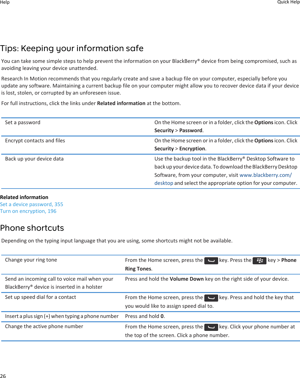 Tips: Keeping your information safeYou can take some simple steps to help prevent the information on your BlackBerry® device from being compromised, such as avoiding leaving your device unattended.Research In Motion recommends that you regularly create and save a backup file on your computer, especially before you update any software. Maintaining a current backup file on your computer might allow you to recover device data if your device is lost, stolen, or corrupted by an unforeseen issue.For full instructions, click the links under Related information at the bottom.Set a password On the Home screen or in a folder, click the Options icon. Click Security &gt; Password.Encrypt contacts and files On the Home screen or in a folder, click the Options icon. Click Security &gt; Encryption.Back up your device data Use the backup tool in the BlackBerry® Desktop Software to back up your device data. To download the BlackBerry Desktop Software, from your computer, visit www.blackberry.com/desktop and select the appropriate option for your computer.Related informationSet a device password, 355Turn on encryption, 196Phone shortcutsDepending on the typing input language that you are using, some shortcuts might not be available.Change your ring tone From the Home screen, press the   key. Press the   key &gt; Phone Ring Tones.Send an incoming call to voice mail when your BlackBerry® device is inserted in a holsterPress and hold the Volume Down key on the right side of your device.Set up speed dial for a contact From the Home screen, press the   key. Press and hold the key that you would like to assign speed dial to.Insert a plus sign (+) when typing a phone number Press and hold 0.Change the active phone number From the Home screen, press the   key. Click your phone number at the top of the screen. Click a phone number.Help Quick Help26