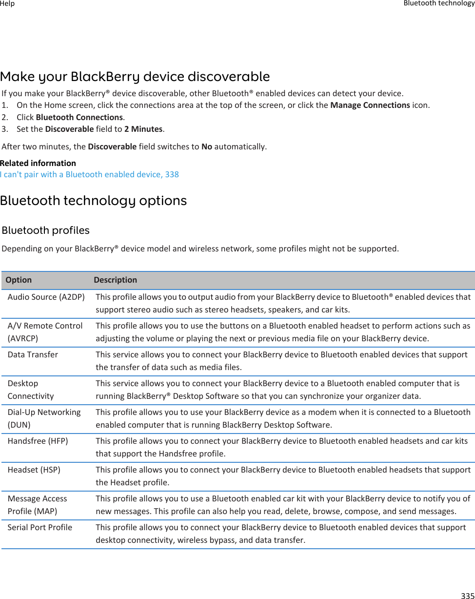 Make your BlackBerry device discoverableIf you make your BlackBerry® device discoverable, other Bluetooth® enabled devices can detect your device.1. On the Home screen, click the connections area at the top of the screen, or click the Manage Connections icon.2. Click Bluetooth Connections.3. Set the Discoverable field to 2 Minutes.After two minutes, the Discoverable field switches to No automatically.Related informationI can&apos;t pair with a Bluetooth enabled device, 338Bluetooth technology optionsBluetooth profilesDepending on your BlackBerry® device model and wireless network, some profiles might not be supported.Option DescriptionAudio Source (A2DP) This profile allows you to output audio from your BlackBerry device to Bluetooth® enabled devices that support stereo audio such as stereo headsets, speakers, and car kits.A/V Remote Control (AVRCP)This profile allows you to use the buttons on a Bluetooth enabled headset to perform actions such as adjusting the volume or playing the next or previous media file on your BlackBerry device.Data Transfer This service allows you to connect your BlackBerry device to Bluetooth enabled devices that support the transfer of data such as media files.Desktop ConnectivityThis service allows you to connect your BlackBerry device to a Bluetooth enabled computer that is running BlackBerry® Desktop Software so that you can synchronize your organizer data.Dial-Up Networking (DUN)This profile allows you to use your BlackBerry device as a modem when it is connected to a Bluetooth enabled computer that is running BlackBerry Desktop Software.Handsfree (HFP) This profile allows you to connect your BlackBerry device to Bluetooth enabled headsets and car kits that support the Handsfree profile.Headset (HSP) This profile allows you to connect your BlackBerry device to Bluetooth enabled headsets that support the Headset profile.Message Access Profile (MAP)This profile allows you to use a Bluetooth enabled car kit with your BlackBerry device to notify you of new messages. This profile can also help you read, delete, browse, compose, and send messages.Serial Port Profile This profile allows you to connect your BlackBerry device to Bluetooth enabled devices that support desktop connectivity, wireless bypass, and data transfer.Help Bluetooth technology335