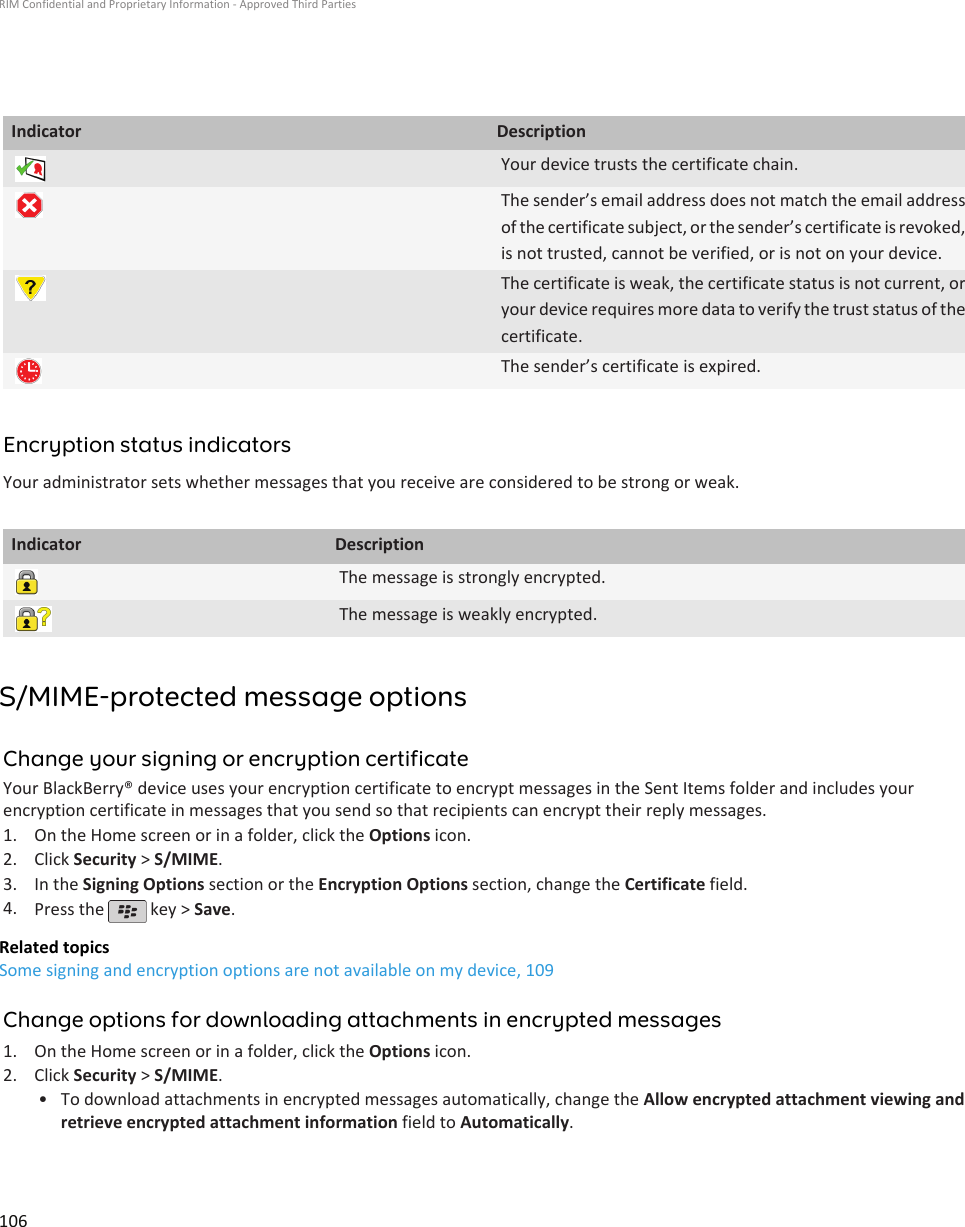 Indicator DescriptionYour device trusts the certificate chain.The sender’s email address does not match the email addressof the certificate subject, or the sender’s certificate is revoked,is not trusted, cannot be verified, or is not on your device.The certificate is weak, the certificate status is not current, oryour device requires more data to verify the trust status of thecertificate.The sender’s certificate is expired.Encryption status indicatorsYour administrator sets whether messages that you receive are considered to be strong or weak.Indicator DescriptionThe message is strongly encrypted.The message is weakly encrypted.S/MIME-protected message optionsChange your signing or encryption certificateYour BlackBerry® device uses your encryption certificate to encrypt messages in the Sent Items folder and includes yourencryption certificate in messages that you send so that recipients can encrypt their reply messages.1. On the Home screen or in a folder, click the Options icon.2. Click Security &gt; S/MIME.3. In the Signing Options section or the Encryption Options section, change the Certificate field.4. Press the   key &gt; Save.Related topicsSome signing and encryption options are not available on my device, 109Change options for downloading attachments in encrypted messages1. On the Home screen or in a folder, click the Options icon.2. Click Security &gt; S/MIME.• To download attachments in encrypted messages automatically, change the Allow encrypted attachment viewing andretrieve encrypted attachment information field to Automatically.RIM Confidential and Proprietary Information - Approved Third Parties106