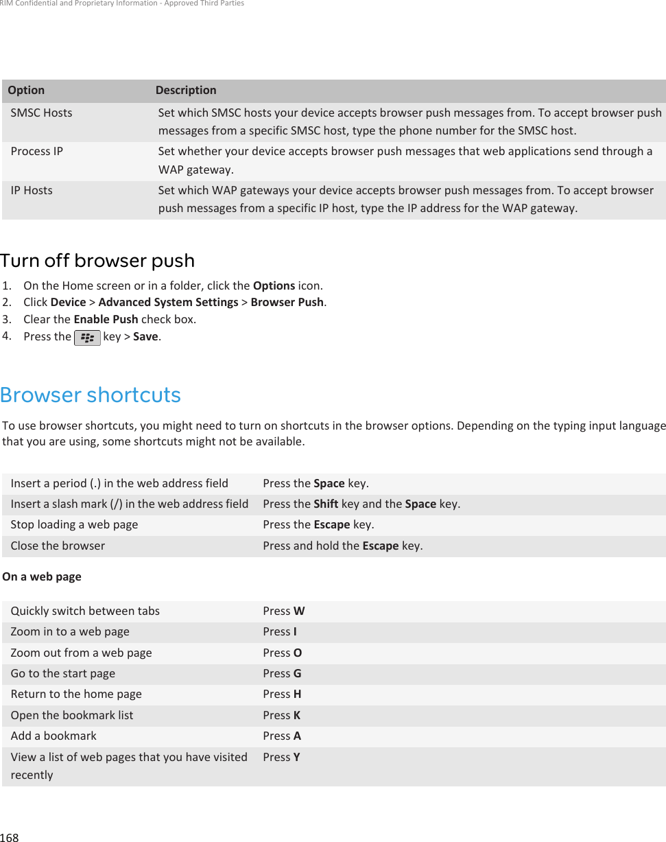 Option DescriptionSMSC Hosts Set which SMSC hosts your device accepts browser push messages from. To accept browser pushmessages from a specific SMSC host, type the phone number for the SMSC host.Process IP Set whether your device accepts browser push messages that web applications send through aWAP gateway.IP Hosts Set which WAP gateways your device accepts browser push messages from. To accept browserpush messages from a specific IP host, type the IP address for the WAP gateway.Turn off browser push1. On the Home screen or in a folder, click the Options icon.2. Click Device &gt; Advanced System Settings &gt; Browser Push.3. Clear the Enable Push check box.4. Press the   key &gt; Save.Browser shortcutsTo use browser shortcuts, you might need to turn on shortcuts in the browser options. Depending on the typing input languagethat you are using, some shortcuts might not be available.Insert a period (.) in the web address field Press the Space key.Insert a slash mark (/) in the web address field Press the Shift key and the Space key.Stop loading a web page Press the Escape key.Close the browser Press and hold the Escape key.On a web pageQuickly switch between tabs Press WZoom in to a web page Press IZoom out from a web page Press OGo to the start page Press GReturn to the home page Press HOpen the bookmark list Press KAdd a bookmark Press AView a list of web pages that you have visitedrecentlyPress YRIM Confidential and Proprietary Information - Approved Third Parties168