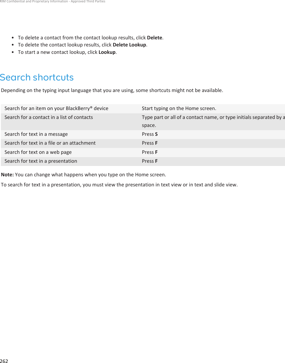 • To delete a contact from the contact lookup results, click Delete.•To delete the contact lookup results, click Delete Lookup.• To start a new contact lookup, click Lookup.Search shortcutsDepending on the typing input language that you are using, some shortcuts might not be available.Search for an item on your BlackBerry® device Start typing on the Home screen.Search for a contact in a list of contacts Type part or all of a contact name, or type initials separated by aspace.Search for text in a message Press SSearch for text in a file or an attachment Press FSearch for text on a web page Press FSearch for text in a presentation Press FNote: You can change what happens when you type on the Home screen.To search for text in a presentation, you must view the presentation in text view or in text and slide view.RIM Confidential and Proprietary Information - Approved Third Parties262