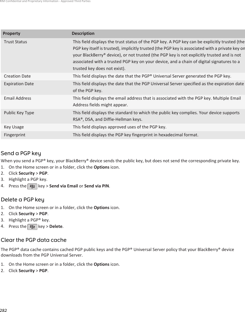 Property DescriptionTrust Status This field displays the trust status of the PGP key. A PGP key can be explicitly trusted (thePGP key itself is trusted), implicitly trusted (the PGP key is associated with a private key onyour BlackBerry® device), or not trusted (the PGP key is not explicitly trusted and is notassociated with a trusted PGP key on your device, and a chain of digital signatures to atrusted key does not exist).Creation Date This field displays the date that the PGP® Universal Server generated the PGP key.Expiration Date This field displays the date that the PGP Universal Server specified as the expiration dateof the PGP key.Email Address This field displays the email address that is associated with the PGP key. Multiple EmailAddress fields might appear.Public Key Type This field displays the standard to which the public key complies. Your device supportsRSA®, DSA, and Diffie-Hellman keys.Key Usage This field displays approved uses of the PGP key.Fingerprint This field displays the PGP key fingerprint in hexadecimal format.Send a PGP keyWhen you send a PGP® key, your BlackBerry® device sends the public key, but does not send the corresponding private key.1. On the Home screen or in a folder, click the Options icon.2. Click Security &gt; PGP.3. Highlight a PGP key.4. Press the   key &gt; Send via Email or Send via PIN.Delete a PGP key1. On the Home screen or in a folder, click the Options icon.2. Click Security &gt; PGP.3. Highlight a PGP® key.4. Press the   key &gt; Delete.Clear the PGP data cacheThe PGP® data cache contains cached PGP public keys and the PGP® Universal Server policy that your BlackBerry® devicedownloads from the PGP Universal Server.1. On the Home screen or in a folder, click the Options icon.2. Click Security &gt; PGP.RIM Confidential and Proprietary Information - Approved Third Parties282