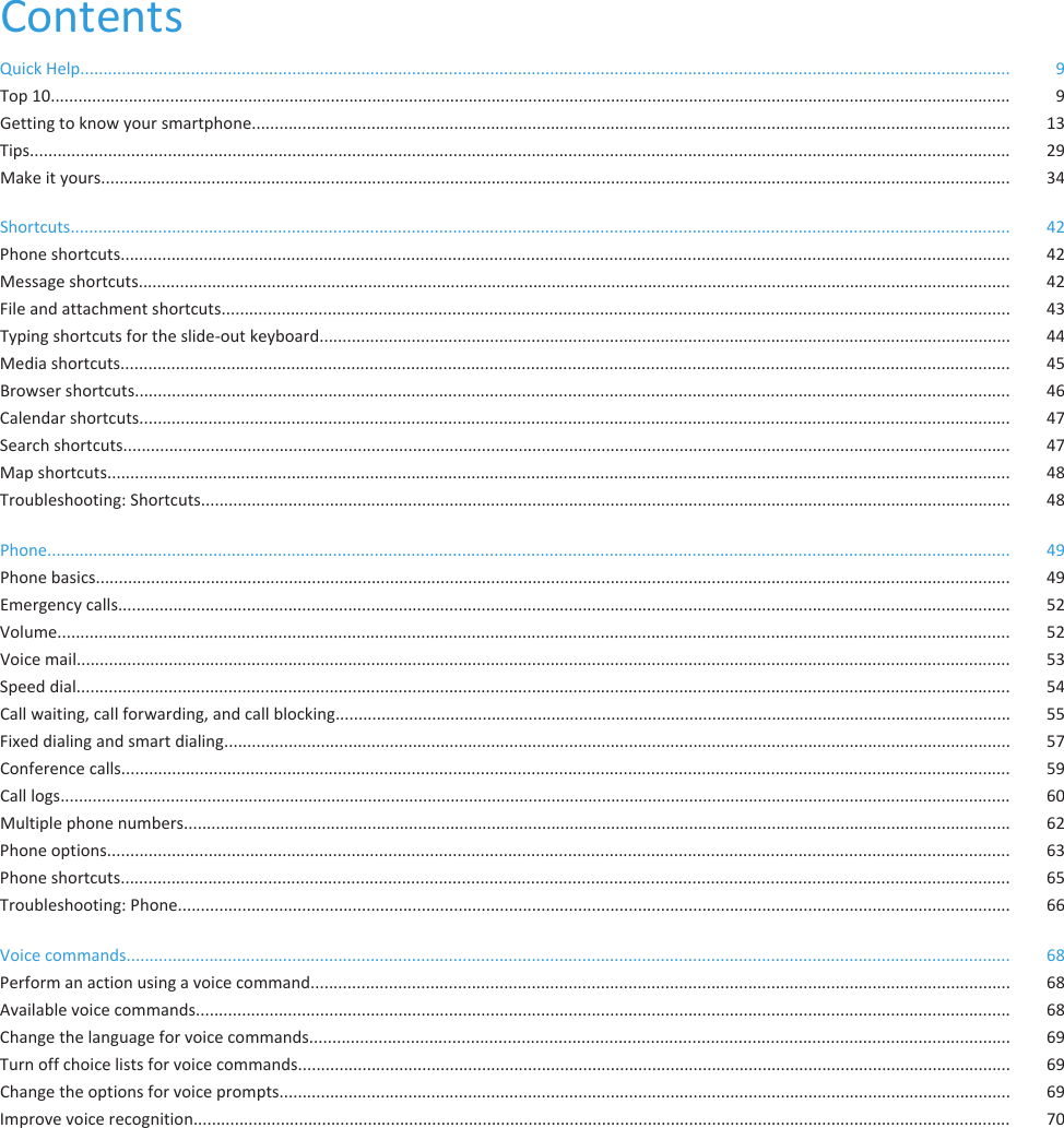 ContentsQuick Help.......................................................................................................................................................................................................... 9Top 10................................................................................................................................................................................................................. 9Getting to know your smartphone..................................................................................................................................................................... 13Tips..................................................................................................................................................................................................................... 29Make it yours...................................................................................................................................................................................................... 34Shortcuts............................................................................................................................................................................................................ 42Phone shortcuts................................................................................................................................................................................................. 42Message shortcuts.............................................................................................................................................................................................. 42File and attachment shortcuts........................................................................................................................................................................... 43Typing shortcuts for the slide-out keyboard...................................................................................................................................................... 44Media shortcuts................................................................................................................................................................................................. 45Browser shortcuts.............................................................................................................................................................................................. 46Calendar shortcuts............................................................................................................................................................................................. 47Search shortcuts................................................................................................................................................................................................. 47Map shortcuts.................................................................................................................................................................................................... 48Troubleshooting: Shortcuts................................................................................................................................................................................ 48Phone................................................................................................................................................................................................................. 49Phone basics....................................................................................................................................................................................................... 49Emergency calls.................................................................................................................................................................................................. 52Volume............................................................................................................................................................................................................... 52Voice mail........................................................................................................................................................................................................... 53Speed dial........................................................................................................................................................................................................... 54Call waiting, call forwarding, and call blocking................................................................................................................................................... 55Fixed dialing and smart dialing........................................................................................................................................................................... 57Conference calls................................................................................................................................................................................................. 59Call logs............................................................................................................................................................................................................... 60Multiple phone numbers.................................................................................................................................................................................... 62Phone options.................................................................................................................................................................................................... 63Phone shortcuts................................................................................................................................................................................................. 65Troubleshooting: Phone..................................................................................................................................................................................... 66Voice commands................................................................................................................................................................................................ 68Perform an action using a voice command........................................................................................................................................................ 68Available voice commands................................................................................................................................................................................. 68Change the language for voice commands........................................................................................................................................................ 69Turn off choice lists for voice commands........................................................................................................................................................... 69Change the options for voice prompts............................................................................................................................................................... 69Improve voice recognition.................................................................................................................................................................................. 70