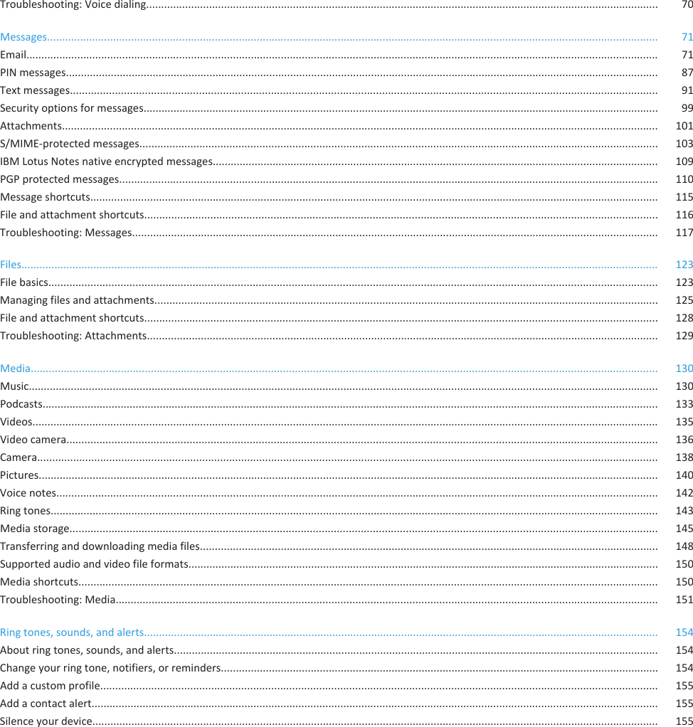 Troubleshooting: Voice dialing........................................................................................................................................................................... 70Messages............................................................................................................................................................................................................ 71Email................................................................................................................................................................................................................... 71PIN messages...................................................................................................................................................................................................... 87Text messages.................................................................................................................................................................................................... 91Security options for messages............................................................................................................................................................................ 99Attachments....................................................................................................................................................................................................... 101S/MIME-protected messages............................................................................................................................................................................. 103IBM Lotus Notes native encrypted messages..................................................................................................................................................... 109PGP protected messages.................................................................................................................................................................................... 110Message shortcuts.............................................................................................................................................................................................. 115File and attachment shortcuts........................................................................................................................................................................... 116Troubleshooting: Messages................................................................................................................................................................................ 117Files.................................................................................................................................................................................................................... 123File basics........................................................................................................................................................................................................... 123Managing files and attachments........................................................................................................................................................................ 125File and attachment shortcuts........................................................................................................................................................................... 128Troubleshooting: Attachments........................................................................................................................................................................... 129Media................................................................................................................................................................................................................. 130Music.................................................................................................................................................................................................................. 130Podcasts............................................................................................................................................................................................................. 133Videos................................................................................................................................................................................................................. 135Video camera..................................................................................................................................................................................................... 136Camera............................................................................................................................................................................................................... 138Pictures............................................................................................................................................................................................................... 140Voice notes......................................................................................................................................................................................................... 142Ring tones........................................................................................................................................................................................................... 143Media storage.................................................................................................................................................................................................... 145Transferring and downloading media files......................................................................................................................................................... 148Supported audio and video file formats............................................................................................................................................................. 150Media shortcuts................................................................................................................................................................................................. 150Troubleshooting: Media..................................................................................................................................................................................... 151Ring tones, sounds, and alerts............................................................................................................................................................................ 154About ring tones, sounds, and alerts.................................................................................................................................................................. 154Change your ring tone, notifiers, or reminders.................................................................................................................................................. 154Add a custom profile.......................................................................................................................................................................................... 155Add a contact alert............................................................................................................................................................................................. 155Silence your device............................................................................................................................................................................................. 155