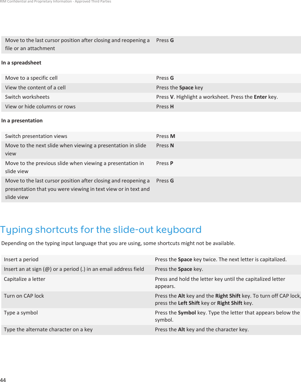 Move to the last cursor position after closing and reopening afile or an attachmentPress GIn a spreadsheetMove to a specific cell Press GView the content of a cell Press the Space keySwitch worksheets Press V. Highlight a worksheet. Press the Enter key.View or hide columns or rows Press HIn a presentationSwitch presentation views Press MMove to the next slide when viewing a presentation in slideviewPress NMove to the previous slide when viewing a presentation inslide viewPress PMove to the last cursor position after closing and reopening apresentation that you were viewing in text view or in text andslide viewPress GTyping shortcuts for the slide-out keyboardDepending on the typing input language that you are using, some shortcuts might not be available.Insert a period Press the Space key twice. The next letter is capitalized.Insert an at sign (@) or a period (.) in an email address field Press the Space key.Capitalize a letter Press and hold the letter key until the capitalized letterappears.Turn on CAP lock Press the Alt key and the Right Shift key. To turn off CAP lock,press the Left Shift key or Right Shift key.Type a symbol Press the Symbol key. Type the letter that appears below thesymbol.Type the alternate character on a key Press the Alt key and the character key.RIM Confidential and Proprietary Information - Approved Third Parties44