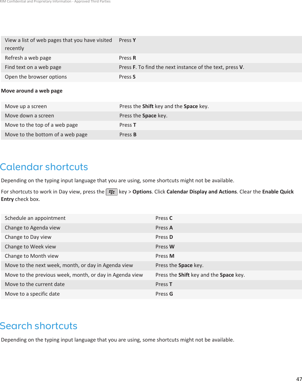 View a list of web pages that you have visitedrecentlyPress YRefresh a web page Press RFind text on a web page Press F. To find the next instance of the text, press V.Open the browser options Press SMove around a web pageMove up a screen Press the Shift key and the Space key.Move down a screen Press the Space key.Move to the top of a web page Press TMove to the bottom of a web page Press BCalendar shortcutsDepending on the typing input language that you are using, some shortcuts might not be available.For shortcuts to work in Day view, press the   key &gt; Options. Click Calendar Display and Actions. Clear the Enable QuickEntry check box.Schedule an appointment Press CChange to Agenda view Press AChange to Day view Press DChange to Week view Press WChange to Month view Press MMove to the next week, month, or day in Agenda view Press the Space key.Move to the previous week, month, or day in Agenda view Press the Shift key and the Space key.Move to the current date Press TMove to a specific date Press GSearch shortcutsDepending on the typing input language that you are using, some shortcuts might not be available.RIM Confidential and Proprietary Information - Approved Third Parties47