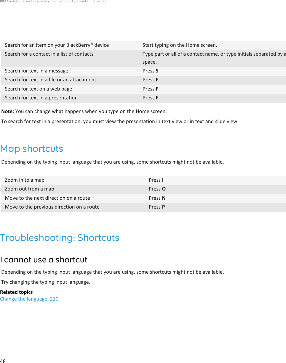 Search for an item on your BlackBerry® device Start typing on the Home screen.Search for a contact in a list of contacts Type part or all of a contact name, or type initials separated by aspace.Search for text in a message Press SSearch for text in a file or an attachment Press FSearch for text on a web page Press FSearch for text in a presentation Press FNote: You can change what happens when you type on the Home screen.To search for text in a presentation, you must view the presentation in text view or in text and slide view.Map shortcutsDepending on the typing input language that you are using, some shortcuts might not be available.Zoom in to a map Press IZoom out from a map Press OMove to the next direction on a route Press NMove to the previous direction on a route Press PTroubleshooting: ShortcutsI cannot use a shortcutDepending on the typing input language that you are using, some shortcuts might not be available.Try changing the typing input language.Related topicsChange the language, 210RIM Confidential and Proprietary Information - Approved Third Parties48