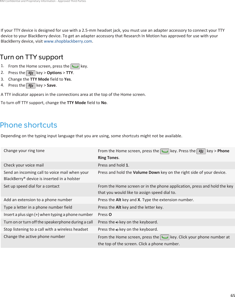 If your TTY device is designed for use with a 2.5-mm headset jack, you must use an adapter accessory to connect your TTYdevice to your BlackBerry device. To get an adapter accessory that Research In Motion has approved for use with yourBlackBerry device, visit www.shopblackberry.com.Turn on TTY support1. From the Home screen, press the   key.2. Press the   key &gt; Options &gt; TTY.3. Change the TTY Mode field to Yes.4. Press the   key &gt; Save.A TTY indicator appears in the connections area at the top of the Home screen.To turn off TTY support, change the TTY Mode field to No.Phone shortcutsDepending on the typing input language that you are using, some shortcuts might not be available.Change your ring tone From the Home screen, press the   key. Press the   key &gt; PhoneRing Tones.Check your voice mail Press and hold 1.Send an incoming call to voice mail when yourBlackBerry® device is inserted in a holsterPress and hold the Volume Down key on the right side of your device.Set up speed dial for a contact From the Home screen or in the phone application, press and hold the keythat you would like to assign speed dial to.Add an extension to a phone number Press the Alt key and X. Type the extension number.Type a letter in a phone number field Press the Alt key and the letter key.Insert a plus sign (+) when typing a phone number Press OTurn on or turn off the speakerphone during a call Press the   key on the keyboard.Stop listening to a call with a wireless headset Press the   key on the keyboard.Change the active phone number From the Home screen, press the   key. Click your phone number atthe top of the screen. Click a phone number.RIM Confidential and Proprietary Information - Approved Third Parties65