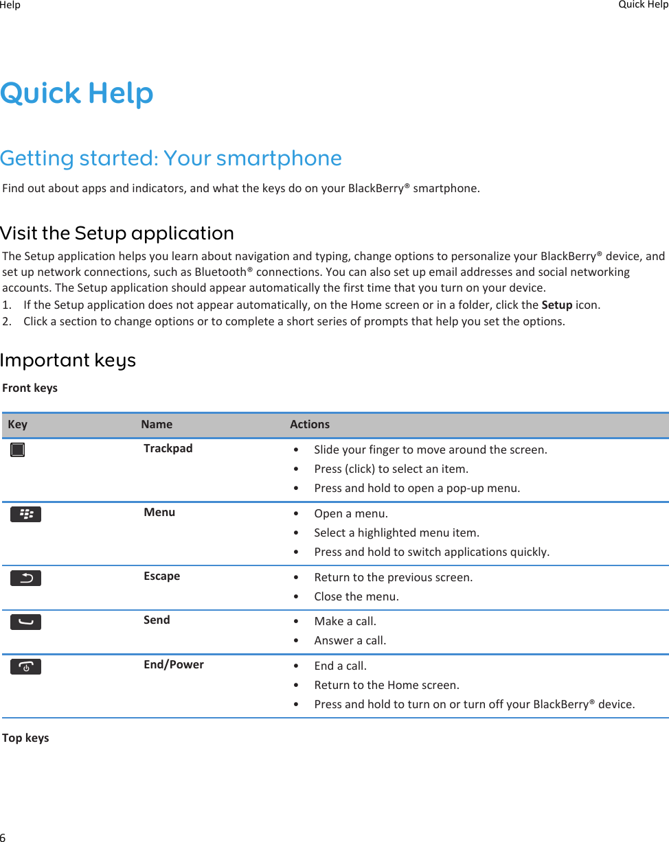Quick HelpGetting started: Your smartphoneFind out about apps and indicators, and what the keys do on your BlackBerry® smartphone.Visit the Setup applicationThe Setup application helps you learn about navigation and typing, change options to personalize your BlackBerry® device, and set up network connections, such as Bluetooth® connections. You can also set up email addresses and social networking accounts. The Setup application should appear automatically the first time that you turn on your device.1. If the Setup application does not appear automatically, on the Home screen or in a folder, click the Setup icon.2. Click a section to change options or to complete a short series of prompts that help you set the options.Important keysFront keysKey Name ActionsTrackpad • Slide your finger to move around the screen.• Press (click) to select an item.• Press and hold to open a pop-up menu.Menu • Open a menu.• Select a highlighted menu item.• Press and hold to switch applications quickly.Escape • Return to the previous screen.• Close the menu.Send • Make a call.• Answer a call.End/Power • End a call.• Return to the Home screen.• Press and hold to turn on or turn off your BlackBerry® device.Top keysHelp Quick Help6