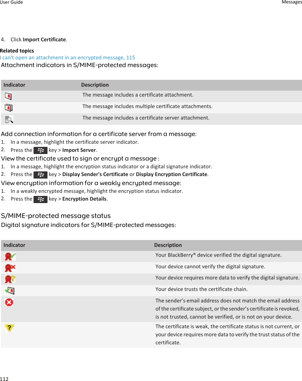 4. Click Import Certificate.Related topicsI can&apos;t open an attachment in an encrypted message, 115Attachment indicators in S/MIME-protected messages:Indicator DescriptionThe message includes a certificate attachment.The message includes multiple certificate attachments.The message includes a certificate server attachment.Add connection information for a certificate server from a message:1. In a message, highlight the certificate server indicator.2. Press the   key &gt; Import Server.View the certificate used to sign or encrypt a message :1. In a message, highlight the encryption status indicator or a digital signature indicator.2. Press the   key &gt; Display Sender&apos;s Certificate or Display Encryption Certificate.View encryption information for a weakly encrypted message:1. In a weakly encrypted message, highlight the encryption status indicator.2. Press the   key &gt; Encryption Details.S/MIME-protected message statusDigital signature indicators for S/MIME-protected messages:Indicator DescriptionYour BlackBerry® device verified the digital signature.Your device cannot verify the digital signature.Your device requires more data to verify the digital signature.Your device trusts the certificate chain.The sender’s email address does not match the email address of the certificate subject, or the sender’s certificate is revoked, is not trusted, cannot be verified, or is not on your device.The certificate is weak, the certificate status is not current, or your device requires more data to verify the trust status of the certificate.User Guide Messages112