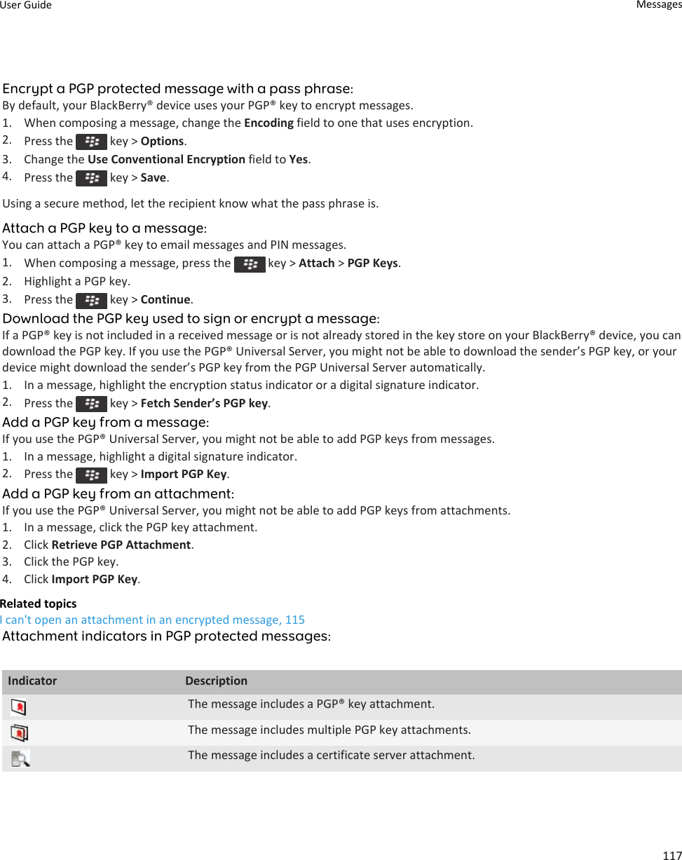 Encrypt a PGP protected message with a pass phrase:By default, your BlackBerry® device uses your PGP® key to encrypt messages.1. When composing a message, change the Encoding field to one that uses encryption.2. Press the   key &gt; Options.3. Change the Use Conventional Encryption field to Yes.4. Press the   key &gt; Save.Using a secure method, let the recipient know what the pass phrase is.Attach a PGP key to a message:You can attach a PGP® key to email messages and PIN messages.1. When composing a message, press the   key &gt; Attach &gt; PGP Keys.2. Highlight a PGP key.3. Press the   key &gt; Continue.Download the PGP key used to sign or encrypt a message:If a PGP® key is not included in a received message or is not already stored in the key store on your BlackBerry® device, you can download the PGP key. If you use the PGP® Universal Server, you might not be able to download the sender’s PGP key, or your device might download the sender’s PGP key from the PGP Universal Server automatically.1. In a message, highlight the encryption status indicator or a digital signature indicator.2. Press the   key &gt; Fetch Sender’s PGP key.Add a PGP key from a message:If you use the PGP® Universal Server, you might not be able to add PGP keys from messages.1. In a message, highlight a digital signature indicator.2. Press the   key &gt; Import PGP Key.Add a PGP key from an attachment:If you use the PGP® Universal Server, you might not be able to add PGP keys from attachments.1. In a message, click the PGP key attachment.2. Click Retrieve PGP Attachment.3. Click the PGP key.4. Click Import PGP Key.Related topicsI can&apos;t open an attachment in an encrypted message, 115Attachment indicators in PGP protected messages:Indicator DescriptionThe message includes a PGP® key attachment.The message includes multiple PGP key attachments.The message includes a certificate server attachment.User Guide Messages117