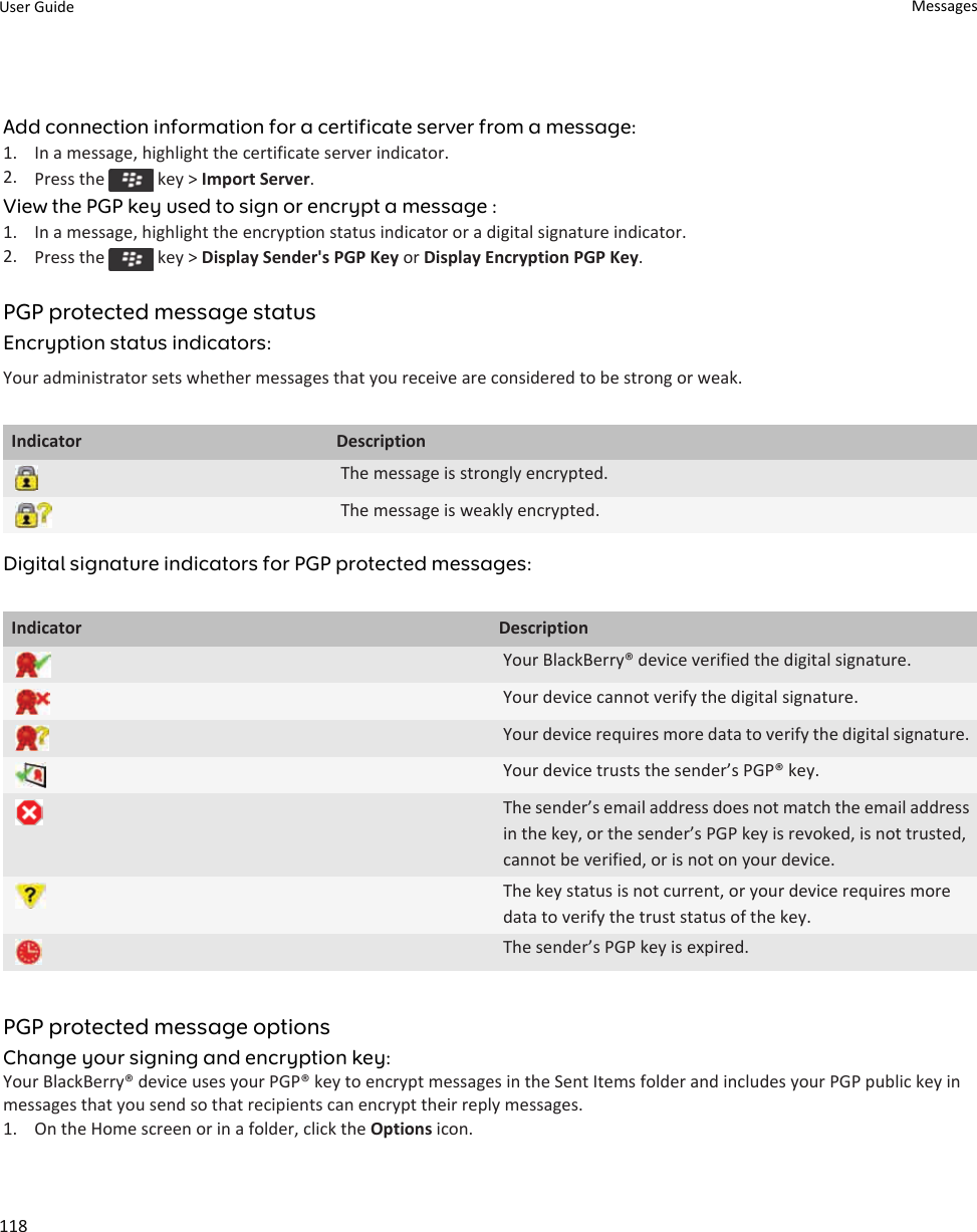 Add connection information for a certificate server from a message:1. In a message, highlight the certificate server indicator.2. Press the   key &gt; Import Server.View the PGP key used to sign or encrypt a message :1. In a message, highlight the encryption status indicator or a digital signature indicator.2. Press the   key &gt; Display Sender&apos;s PGP Key or Display Encryption PGP Key.PGP protected message statusEncryption status indicators:Your administrator sets whether messages that you receive are considered to be strong or weak.Indicator DescriptionThe message is strongly encrypted.The message is weakly encrypted.Digital signature indicators for PGP protected messages:Indicator DescriptionYour BlackBerry® device verified the digital signature.Your device cannot verify the digital signature.Your device requires more data to verify the digital signature.Your device trusts the sender’s PGP® key.The sender’s email address does not match the email address in the key, or the sender’s PGP key is revoked, is not trusted, cannot be verified, or is not on your device.The key status is not current, or your device requires more data to verify the trust status of the key.The sender’s PGP key is expired.PGP protected message optionsChange your signing and encryption key:Your BlackBerry® device uses your PGP® key to encrypt messages in the Sent Items folder and includes your PGP public key in messages that you send so that recipients can encrypt their reply messages.1. On the Home screen or in a folder, click the Options icon.User Guide Messages118