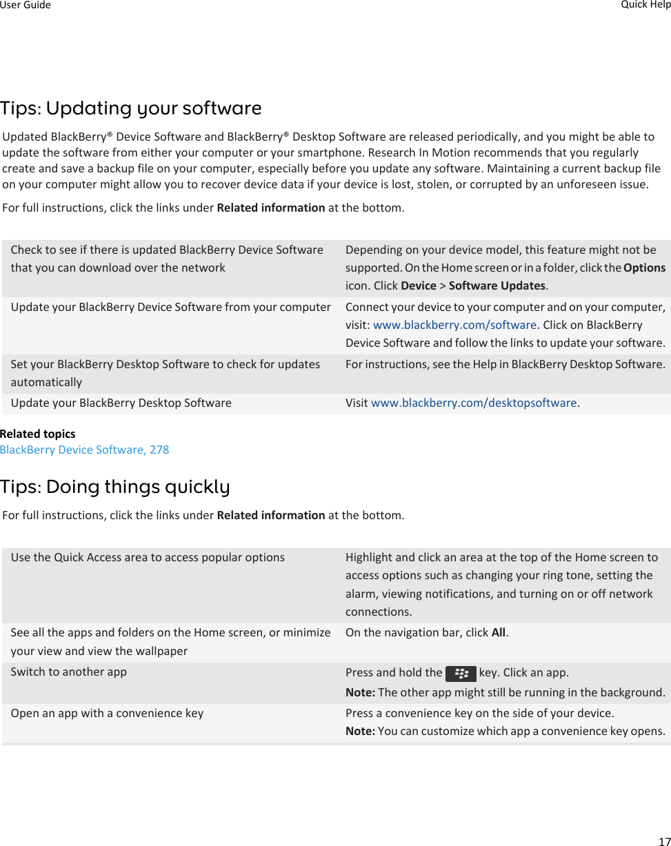 Tips: Updating your softwareUpdated BlackBerry® Device Software and BlackBerry® Desktop Software are released periodically, and you might be able to update the software from either your computer or your smartphone. Research In Motion recommends that you regularly create and save a backup file on your computer, especially before you update any software. Maintaining a current backup file on your computer might allow you to recover device data if your device is lost, stolen, or corrupted by an unforeseen issue.For full instructions, click the links under Related information at the bottom.Check to see if there is updated BlackBerry Device Software that you can download over the networkDepending on your device model, this feature might not be supported. On the Home screen or in a folder, click the Options icon. Click Device &gt; Software Updates.Update your BlackBerry Device Software from your computer Connect your device to your computer and on your computer, visit: www.blackberry.com/software. Click on BlackBerry Device Software and follow the links to update your software.Set your BlackBerry Desktop Software to check for updates automaticallyFor instructions, see the Help in BlackBerry Desktop Software.Update your BlackBerry Desktop Software Visit www.blackberry.com/desktopsoftware.Related topicsBlackBerry Device Software, 278Tips: Doing things quicklyFor full instructions, click the links under Related information at the bottom.Use the Quick Access area to access popular options Highlight and click an area at the top of the Home screen to access options such as changing your ring tone, setting the alarm, viewing notifications, and turning on or off network connections.See all the apps and folders on the Home screen, or minimize your view and view the wallpaperOn the navigation bar, click All.Switch to another app Press and hold the   key. Click an app.Note: The other app might still be running in the background.Open an app with a convenience key Press a convenience key on the side of your device.Note: You can customize which app a convenience key opens.User Guide Quick Help17