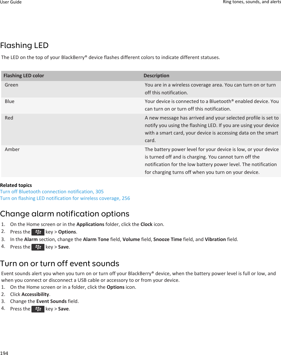 Flashing LEDThe LED on the top of your BlackBerry® device flashes different colors to indicate different statuses.Flashing LED color DescriptionGreen You are in a wireless coverage area. You can turn on or turn off this notification.Blue Your device is connected to a Bluetooth® enabled device. You can turn on or turn off this notification.Red A new message has arrived and your selected profile is set to notify you using the flashing LED. If you are using your device with a smart card, your device is accessing data on the smart card.Amber The battery power level for your device is low, or your device is turned off and is charging. You cannot turn off the notification for the low battery power level. The notification for charging turns off when you turn on your device.Related topicsTurn off Bluetooth connection notification, 305Turn on flashing LED notification for wireless coverage, 256Change alarm notification options1. On the Home screen or in the Applications folder, click the Clock icon.2. Press the   key &gt; Options.3. In the Alarm section, change the Alarm Tone field, Volume field, Snooze Time field, and Vibration field.4. Press the   key &gt; Save.Turn on or turn off event soundsEvent sounds alert you when you turn on or turn off your BlackBerry® device, when the battery power level is full or low, and when you connect or disconnect a USB cable or accessory to or from your device.1. On the Home screen or in a folder, click the Options icon.2. Click Accessibility.3. Change the Event Sounds field.4. Press the   key &gt; Save.User Guide Ring tones, sounds, and alerts194