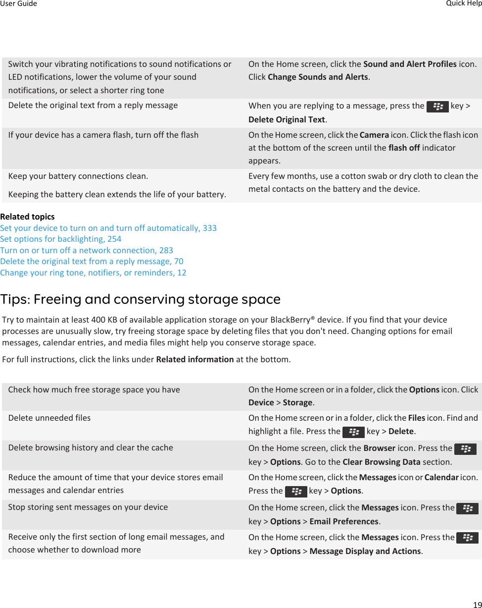 Switch your vibrating notifications to sound notifications or LED notifications, lower the volume of your sound notifications, or select a shorter ring toneOn the Home screen, click the Sound and Alert Profiles icon. Click Change Sounds and Alerts.Delete the original text from a reply message When you are replying to a message, press the   key &gt; Delete Original Text.If your device has a camera flash, turn off the flash On the Home screen, click the Camera icon. Click the flash icon at the bottom of the screen until the flash off indicator appears.Keep your battery connections clean.Keeping the battery clean extends the life of your battery.Every few months, use a cotton swab or dry cloth to clean the metal contacts on the battery and the device.Related topicsSet your device to turn on and turn off automatically, 333Set options for backlighting, 254Turn on or turn off a network connection, 283Delete the original text from a reply message, 70Change your ring tone, notifiers, or reminders, 12Tips: Freeing and conserving storage spaceTry to maintain at least 400 KB of available application storage on your BlackBerry® device. If you find that your device processes are unusually slow, try freeing storage space by deleting files that you don&apos;t need. Changing options for email messages, calendar entries, and media files might help you conserve storage space.For full instructions, click the links under Related information at the bottom.Check how much free storage space you have On the Home screen or in a folder, click the Options icon. Click Device &gt; Storage.Delete unneeded files On the Home screen or in a folder, click the Files icon. Find and highlight a file. Press the   key &gt; Delete.Delete browsing history and clear the cache On the Home screen, click the Browser icon. Press the key &gt; Options. Go to the Clear Browsing Data section.Reduce the amount of time that your device stores email messages and calendar entriesOn the Home screen, click the Messages icon or Calendar icon. Press the   key &gt; Options.Stop storing sent messages on your device On the Home screen, click the Messages icon. Press the key &gt; Options &gt; Email Preferences.Receive only the first section of long email messages, and choose whether to download moreOn the Home screen, click the Messages icon. Press the key &gt; Options &gt; Message Display and Actions.User Guide Quick Help19