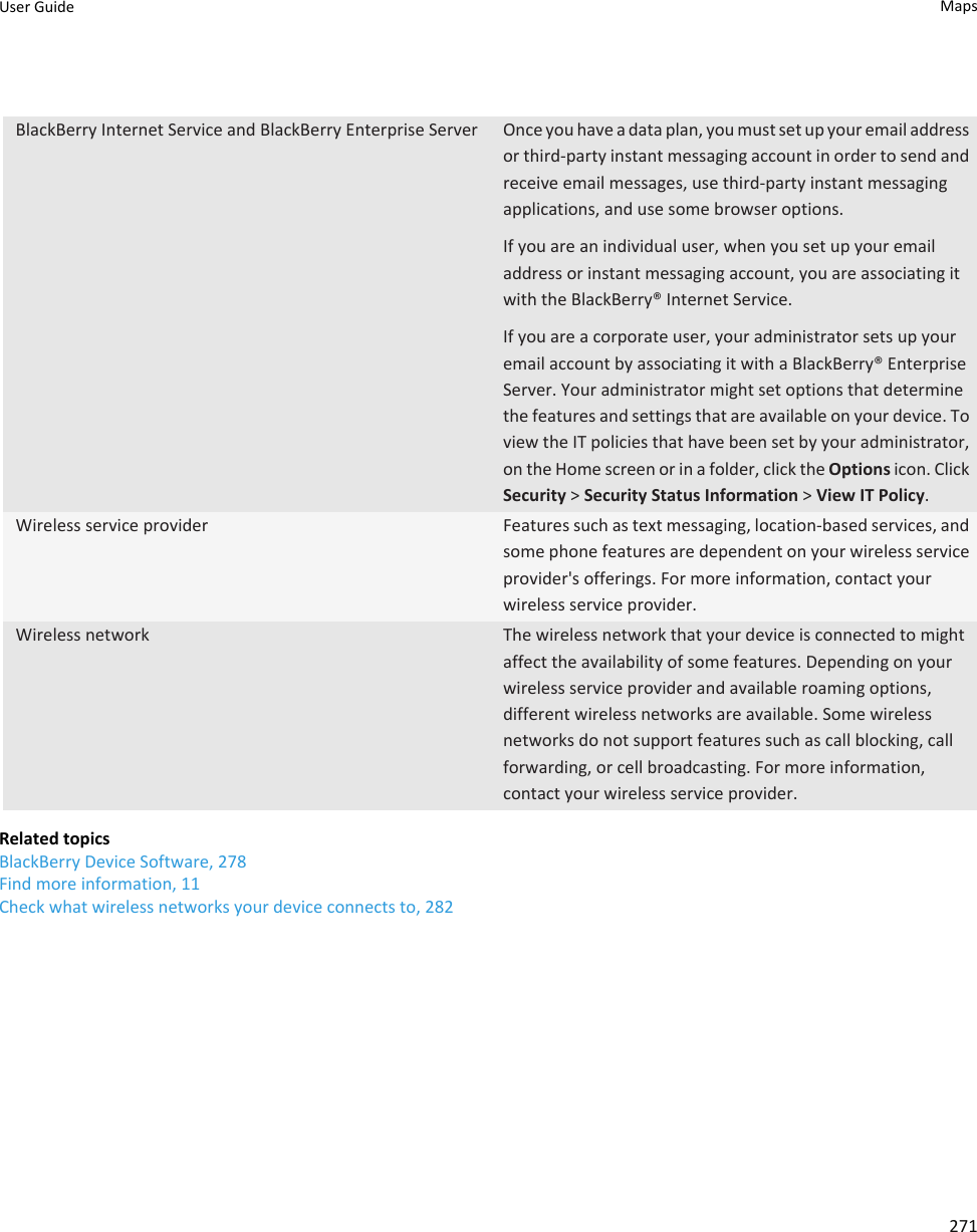 BlackBerry Internet Service and BlackBerry Enterprise Server Once you have a data plan, you must set up your email address or third-party instant messaging account in order to send and receive email messages, use third-party instant messaging applications, and use some browser options.If you are an individual user, when you set up your email address or instant messaging account, you are associating it with the BlackBerry® Internet Service.If you are a corporate user, your administrator sets up your email account by associating it with a BlackBerry® Enterprise Server. Your administrator might set options that determine the features and settings that are available on your device. To view the IT policies that have been set by your administrator, on the Home screen or in a folder, click the Options icon. Click Security &gt; Security Status Information &gt; View IT Policy.Wireless service provider Features such as text messaging, location-based services, and some phone features are dependent on your wireless service provider&apos;s offerings. For more information, contact your wireless service provider.Wireless network The wireless network that your device is connected to might affect the availability of some features. Depending on your wireless service provider and available roaming options, different wireless networks are available. Some wireless networks do not support features such as call blocking, call forwarding, or cell broadcasting. For more information, contact your wireless service provider.Related topicsBlackBerry Device Software, 278Find more information, 11Check what wireless networks your device connects to, 282User Guide Maps271
