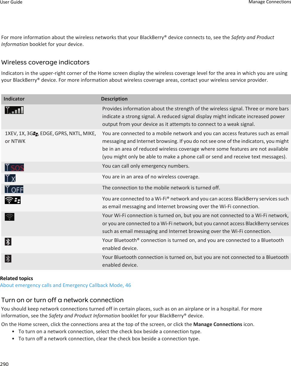 For more information about the wireless networks that your BlackBerry® device connects to, see the Safety and Product Information booklet for your device.Wireless coverage indicatorsIndicators in the upper-right corner of the Home screen display the wireless coverage level for the area in which you are using your BlackBerry® device. For more information about wireless coverage areas, contact your wireless service provider.Indicator DescriptionProvides information about the strength of the wireless signal. Three or more bars indicate a strong signal. A reduced signal display might indicate increased power output from your device as it attempts to connect to a weak signal.1XEV, 1X, 3G , EDGE, GPRS, NXTL, MIKE, or NTWKYou are connected to a mobile network and you can access features such as email messaging and Internet browsing. If you do not see one of the indicators, you might be in an area of reduced wireless coverage where some features are not available (you might only be able to make a phone call or send and receive text messages).You can call only emergency numbers.You are in an area of no wireless coverage.The connection to the mobile network is turned off.You are connected to a Wi-Fi® network and you can access BlackBerry services such as email messaging and Internet browsing over the Wi-Fi connection.Your Wi-Fi connection is turned on, but you are not connected to a Wi-Fi network, or you are connected to a Wi-Fi network, but you cannot access BlackBerry services such as email messaging and Internet browsing over the Wi-Fi connection.Your Bluetooth® connection is turned on, and you are connected to a Bluetooth enabled device.Your Bluetooth connection is turned on, but you are not connected to a Bluetooth enabled device.Related topicsAbout emergency calls and Emergency Callback Mode, 46Turn on or turn off a network connectionYou should keep network connections turned off in certain places, such as on an airplane or in a hospital. For more information, see the Safety and Product Information booklet for your BlackBerry® device.On the Home screen, click the connections area at the top of the screen, or click the Manage Connections icon.• To turn on a network connection, select the check box beside a connection type.• To turn off a network connection, clear the check box beside a connection type.User Guide Manage Connections290