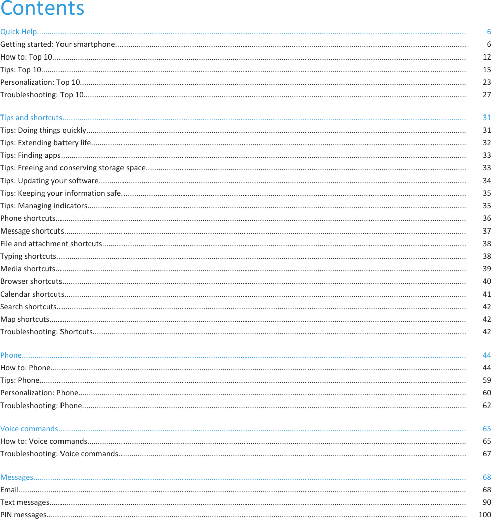 ContentsQuick Help.......................................................................................................................................................................................................... 6Getting started: Your smartphone..................................................................................................................................................................... 6How to: Top 10................................................................................................................................................................................................... 12Tips: Top 10........................................................................................................................................................................................................ 15Personalization: Top 10...................................................................................................................................................................................... 23Troubleshooting: Top 10.................................................................................................................................................................................... 27Tips and shortcuts.............................................................................................................................................................................................. 31Tips: Doing things quickly................................................................................................................................................................................... 31Tips: Extending battery life................................................................................................................................................................................. 32Tips: Finding apps............................................................................................................................................................................................... 33Tips: Freeing and conserving storage space....................................................................................................................................................... 33Tips: Updating your software............................................................................................................................................................................. 34Tips: Keeping your information safe.................................................................................................................................................................. 35Tips: Managing indicators.................................................................................................................................................................................. 35Phone shortcuts................................................................................................................................................................................................. 36Message shortcuts.............................................................................................................................................................................................. 37File and attachment shortcuts........................................................................................................................................................................... 38Typing shortcuts................................................................................................................................................................................................. 38Media shortcuts................................................................................................................................................................................................. 39Browser shortcuts.............................................................................................................................................................................................. 40Calendar shortcuts............................................................................................................................................................................................. 41Search shortcuts................................................................................................................................................................................................. 42Map shortcuts.................................................................................................................................................................................................... 42Troubleshooting: Shortcuts................................................................................................................................................................................ 42Phone................................................................................................................................................................................................................. 44How to: Phone.................................................................................................................................................................................................... 44Tips: Phone......................................................................................................................................................................................................... 59Personalization: Phone....................................................................................................................................................................................... 60Troubleshooting: Phone..................................................................................................................................................................................... 62Voice commands................................................................................................................................................................................................ 65How to: Voice commands................................................................................................................................................................................... 65Troubleshooting: Voice commands.................................................................................................................................................................... 67Messages............................................................................................................................................................................................................ 68Email................................................................................................................................................................................................................... 68Text messages.................................................................................................................................................................................................... 90PIN messages...................................................................................................................................................................................................... 100