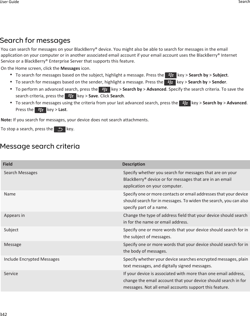 Search for messagesYou can search for messages on your BlackBerry® device. You might also be able to search for messages in the email application on your computer or in another associated email account if your email account uses the BlackBerry® Internet Service or a BlackBerry® Enterprise Server that supports this feature.On the Home screen, click the Messages icon.•To search for messages based on the subject, highlight a message. Press the   key &gt; Search by &gt; Subject.•To search for messages based on the sender, highlight a message. Press the   key &gt; Search by &gt; Sender.•To perform an advanced search, press the   key &gt; Search by &gt; Advanced. Specify the search criteria. To save the search criteria, press the   key &gt; Save. Click Search.•To search for messages using the criteria from your last advanced search, press the   key &gt; Search by &gt; Advanced. Press the   key &gt; Last.Note: If you search for messages, your device does not search attachments.To stop a search, press the   key.Message search criteriaField DescriptionSearch Messages Specify whether you search for messages that are on your BlackBerry® device or for messages that are in an email application on your computer.Name Specify one or more contacts or email addresses that your device should search for in messages. To widen the search, you can also specify part of a name.Appears in Change the type of address field that your device should search in for the name or email address.Subject Specify one or more words that your device should search for in the subject of messages.Message Specify one or more words that your device should search for in the body of messages.Include Encrypted Messages Specify whether your device searches encrypted messages, plain text messages, and digitally signed messages.Service If your device is associated with more than one email address, change the email account that your device should search in for messages. Not all email accounts support this feature.User Guide Search342