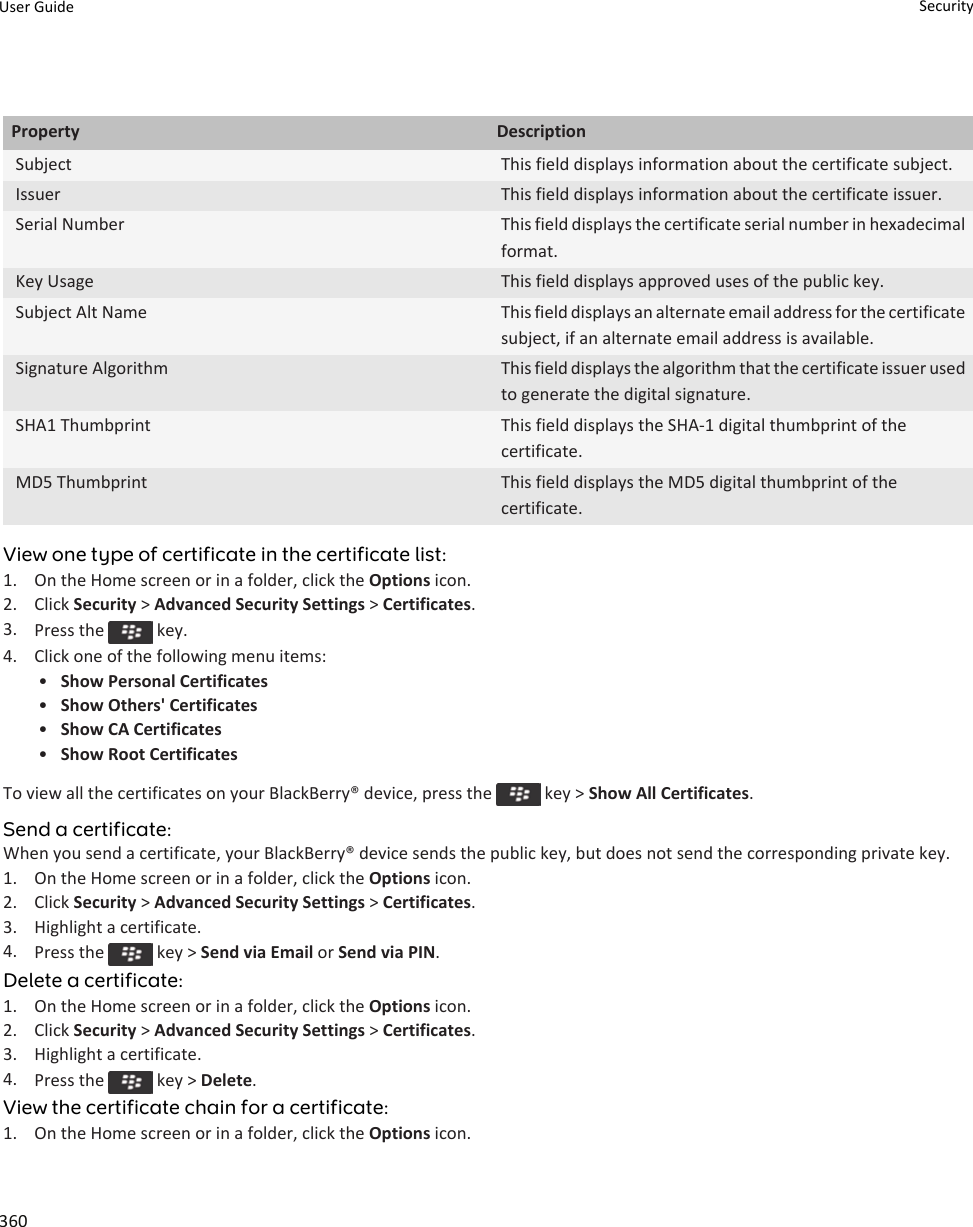 Property DescriptionSubject This field displays information about the certificate subject.Issuer This field displays information about the certificate issuer.Serial Number This field displays the certificate serial number in hexadecimal format.Key Usage This field displays approved uses of the public key.Subject Alt Name This field displays an alternate email address for the certificate subject, if an alternate email address is available.Signature Algorithm This field displays the algorithm that the certificate issuer used to generate the digital signature.SHA1 Thumbprint This field displays the SHA-1 digital thumbprint of the certificate.MD5 Thumbprint This field displays the MD5 digital thumbprint of the certificate.View one type of certificate in the certificate list:1. On the Home screen or in a folder, click the Options icon.2. Click Security &gt; Advanced Security Settings &gt; Certificates.3. Press the   key.4. Click one of the following menu items:•Show Personal Certificates•Show Others&apos; Certificates•Show CA Certificates•Show Root CertificatesTo view all the certificates on your BlackBerry® device, press the   key &gt; Show All Certificates.Send a certificate:When you send a certificate, your BlackBerry® device sends the public key, but does not send the corresponding private key.1. On the Home screen or in a folder, click the Options icon.2. Click Security &gt; Advanced Security Settings &gt; Certificates.3. Highlight a certificate.4. Press the   key &gt; Send via Email or Send via PIN.Delete a certificate:1. On the Home screen or in a folder, click the Options icon.2. Click Security &gt; Advanced Security Settings &gt; Certificates.3. Highlight a certificate.4. Press the   key &gt; Delete.View the certificate chain for a certificate:1. On the Home screen or in a folder, click the Options icon.User Guide Security360