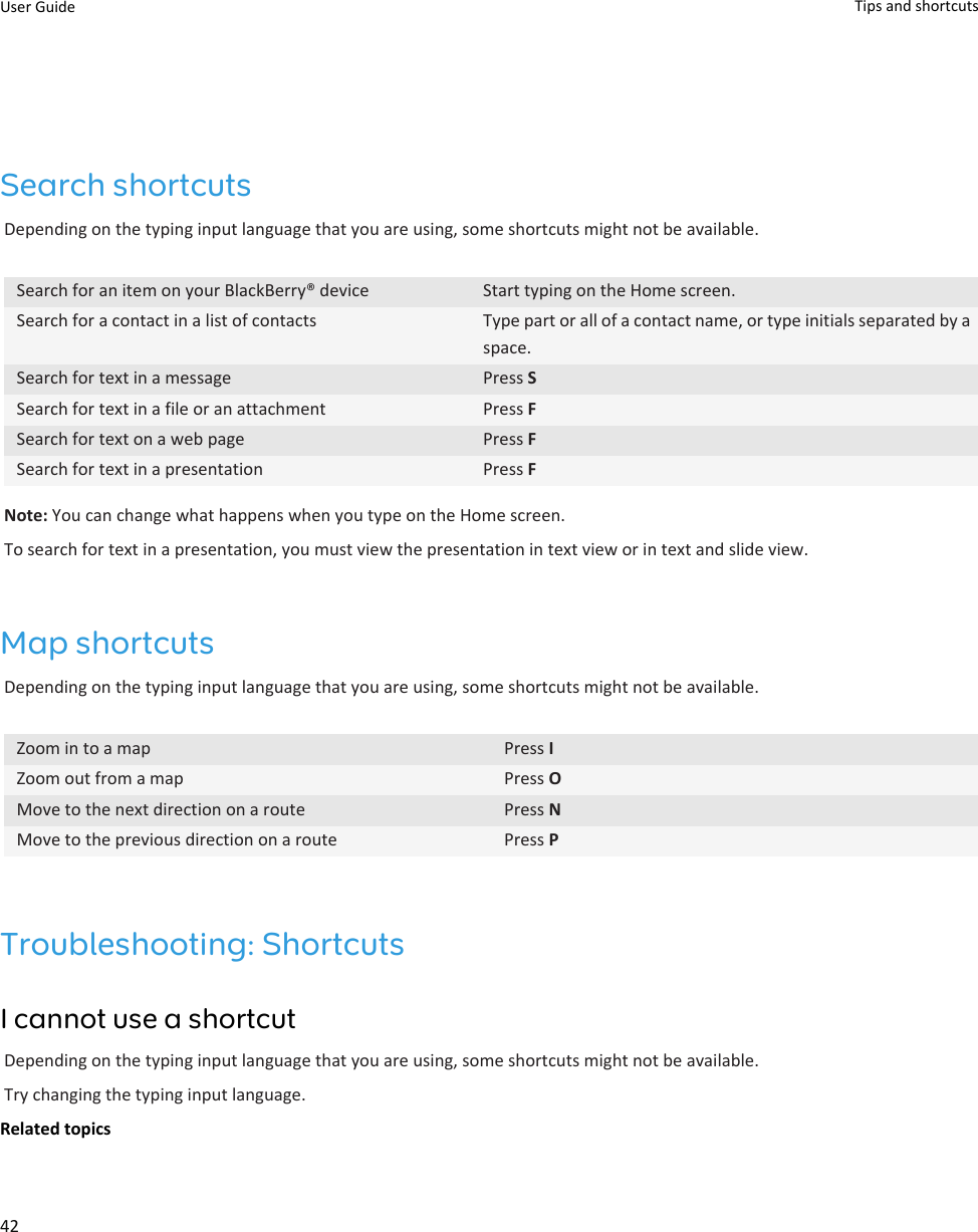 Search shortcutsDepending on the typing input language that you are using, some shortcuts might not be available.Search for an item on your BlackBerry® device Start typing on the Home screen.Search for a contact in a list of contacts Type part or all of a contact name, or type initials separated by a space.Search for text in a message Press SSearch for text in a file or an attachment Press FSearch for text on a web page Press FSearch for text in a presentation Press FNote: You can change what happens when you type on the Home screen.To search for text in a presentation, you must view the presentation in text view or in text and slide view.Map shortcutsDepending on the typing input language that you are using, some shortcuts might not be available.Zoom in to a map Press IZoom out from a map Press OMove to the next direction on a route Press NMove to the previous direction on a route Press PTroubleshooting: ShortcutsI cannot use a shortcutDepending on the typing input language that you are using, some shortcuts might not be available.Try changing the typing input language.Related topicsUser Guide Tips and shortcuts42