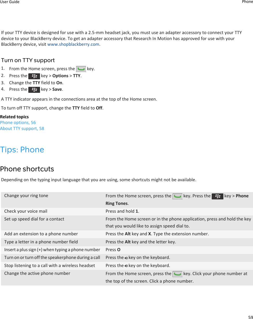 If your TTY device is designed for use with a 2.5-mm headset jack, you must use an adapter accessory to connect your TTY device to your BlackBerry device. To get an adapter accessory that Research In Motion has approved for use with your BlackBerry device, visit www.shopblackberry.com.Turn on TTY support1. From the Home screen, press the   key.2. Press the   key &gt; Options &gt; TTY.3. Change the TTY field to On.4. Press the   key &gt; Save.A TTY indicator appears in the connections area at the top of the Home screen.To turn off TTY support, change the TTY field to Off.Related topicsPhone options, 56About TTY support, 58Tips: PhonePhone shortcutsDepending on the typing input language that you are using, some shortcuts might not be available.Change your ring tone From the Home screen, press the   key. Press the   key &gt; Phone Ring Tones.Check your voice mail Press and hold 1.Set up speed dial for a contact From the Home screen or in the phone application, press and hold the key that you would like to assign speed dial to.Add an extension to a phone number Press the Alt key and X. Type the extension number.Type a letter in a phone number field Press the Alt key and the letter key.Insert a plus sign (+) when typing a phone number Press OTurn on or turn off the speakerphone during a call Press the   key on the keyboard.Stop listening to a call with a wireless headset Press the   key on the keyboard.Change the active phone number From the Home screen, press the   key. Click your phone number at the top of the screen. Click a phone number.User Guide Phone59