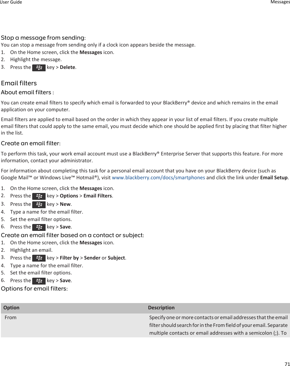 Stop a message from sending:You can stop a message from sending only if a clock icon appears beside the message.1. On the Home screen, click the Messages icon.2. Highlight the message.3. Press the   key &gt; Delete.Email filtersAbout email filters :You can create email filters to specify which email is forwarded to your BlackBerry® device and which remains in the email application on your computer.Email filters are applied to email based on the order in which they appear in your list of email filters. If you create multiple email filters that could apply to the same email, you must decide which one should be applied first by placing that filter higher in the list.Create an email filter:To perform this task, your work email account must use a BlackBerry® Enterprise Server that supports this feature. For more information, contact your administrator.For information about completing this task for a personal email account that you have on your BlackBerry device (such as Google Mail™ or Windows Live™ Hotmail®), visit www.blackberry.com/docs/smartphones and click the link under Email Setup.1. On the Home screen, click the Messages icon.2. Press the   key &gt; Options &gt; Email Filters.3. Press the   key &gt; New.4. Type a name for the email filter.5. Set the email filter options.6. Press the   key &gt; Save.Create an email filter based on a contact or subject:1. On the Home screen, click the Messages icon.2. Highlight an email.3. Press the   key &gt; Filter by &gt; Sender or Subject.4. Type a name for the email filter.5. Set the email filter options.6. Press the   key &gt; Save.Options for email filters:Option DescriptionFrom Specify one or more contacts or email addresses that the email filter should search for in the From field of your email. Separate multiple contacts or email addresses with a semicolon (;). To User Guide Messages71