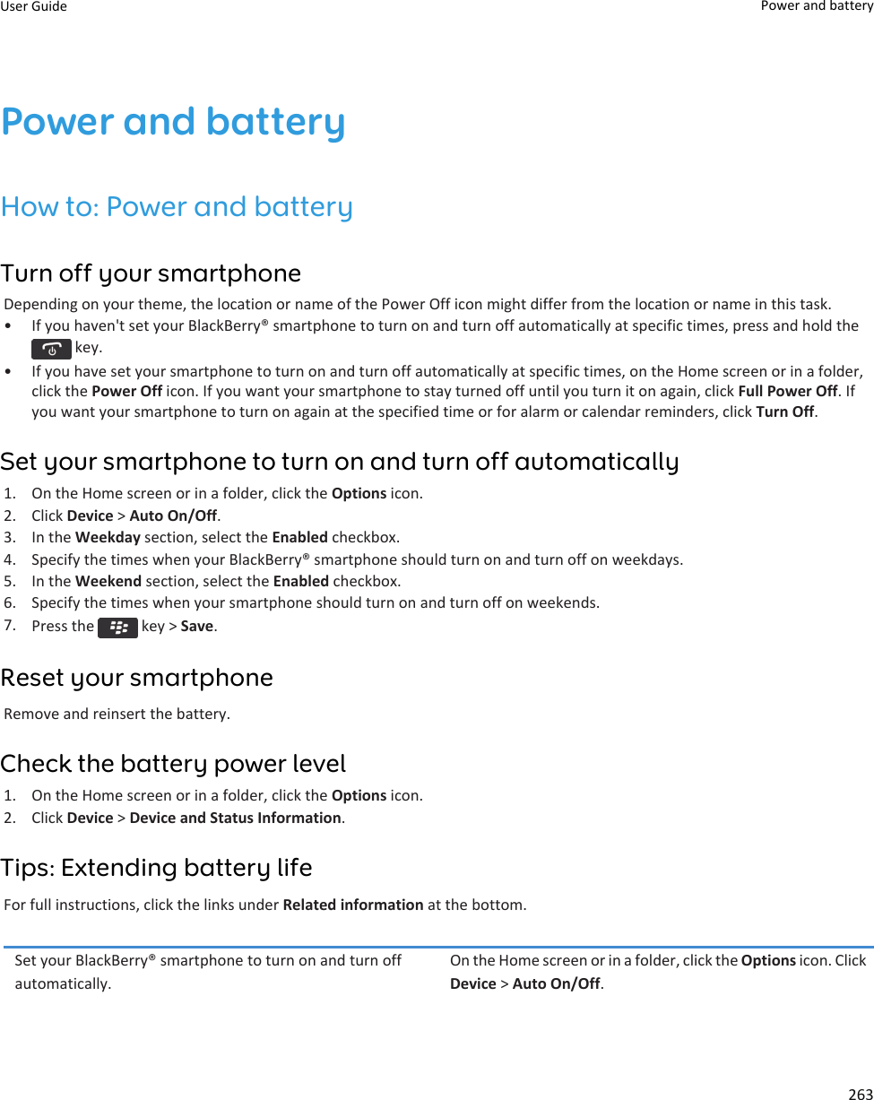 Power and batteryHow to: Power and batteryTurn off your smartphoneDepending on your theme, the location or name of the Power Off icon might differ from the location or name in this task.• If you haven&apos;t set your BlackBerry® smartphone to turn on and turn off automatically at specific times, press and hold the key.• If you have set your smartphone to turn on and turn off automatically at specific times, on the Home screen or in a folder,click the Power Off icon. If you want your smartphone to stay turned off until you turn it on again, click Full Power Off. Ifyou want your smartphone to turn on again at the specified time or for alarm or calendar reminders, click Turn Off.Set your smartphone to turn on and turn off automatically1. On the Home screen or in a folder, click the Options icon.2. Click Device &gt; Auto On/Off.3. In the Weekday section, select the Enabled checkbox.4. Specify the times when your BlackBerry® smartphone should turn on and turn off on weekdays.5. In the Weekend section, select the Enabled checkbox.6. Specify the times when your smartphone should turn on and turn off on weekends.7. Press the   key &gt; Save.Reset your smartphoneRemove and reinsert the battery.Check the battery power level1. On the Home screen or in a folder, click the Options icon.2. Click Device &gt; Device and Status Information.Tips: Extending battery lifeFor full instructions, click the links under Related information at the bottom.Set your BlackBerry® smartphone to turn on and turn offautomatically.On the Home screen or in a folder, click the Options icon. ClickDevice &gt; Auto On/Off.User Guide Power and battery263