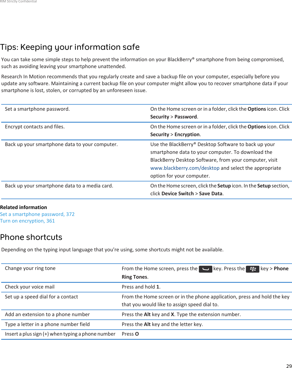 Tips: Keeping your information safeYou can take some simple steps to help prevent the information on your BlackBerry® smartphone from being compromised,such as avoiding leaving your smartphone unattended.Research In Motion recommends that you regularly create and save a backup file on your computer, especially before youupdate any software. Maintaining a current backup file on your computer might allow you to recover smartphone data if yoursmartphone is lost, stolen, or corrupted by an unforeseen issue.Set a smartphone password. On the Home screen or in a folder, click the Options icon. ClickSecurity &gt; Password.Encrypt contacts and files. On the Home screen or in a folder, click the Options icon. ClickSecurity &gt; Encryption.Back up your smartphone data to your computer. Use the BlackBerry® Desktop Software to back up yoursmartphone data to your computer. To download theBlackBerry Desktop Software, from your computer, visitwww.blackberry.com/desktop and select the appropriateoption for your computer.Back up your smartphone data to a media card. On the Home screen, click the Setup icon. In the Setup section,click Device Switch &gt; Save Data.Related informationSet a smartphone password, 372Turn on encryption, 361Phone shortcutsDepending on the typing input language that you&apos;re using, some shortcuts might not be available.Change your ring tone From the Home screen, press the   key. Press the   key &gt; PhoneRing Tones.Check your voice mail Press and hold 1.Set up a speed dial for a contact From the Home screen or in the phone application, press and hold the keythat you would like to assign speed dial to.Add an extension to a phone number Press the Alt key and X. Type the extension number.Type a letter in a phone number field Press the Alt key and the letter key.Insert a plus sign (+) when typing a phone number Press ORIM Strictly Confidential29