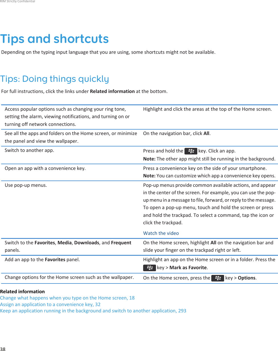 Tips and shortcutsDepending on the typing input language that you are using, some shortcuts might not be available.Tips: Doing things quicklyFor full instructions, click the links under Related information at the bottom.Access popular options such as changing your ring tone,setting the alarm, viewing notifications, and turning on orturning off network connections.Highlight and click the areas at the top of the Home screen.See all the apps and folders on the Home screen, or minimizethe panel and view the wallpaper.On the navigation bar, click All.Switch to another app. Press and hold the   key. Click an app.Note: The other app might still be running in the background.Open an app with a convenience key. Press a convenience key on the side of your smartphone.Note: You can customize which app a convenience key opens.Use pop-up menus. Pop-up menus provide common available actions, and appearin the center of the screen. For example, you can use the pop-up menu in a message to file, forward, or reply to the message.To open a pop-up menu, touch and hold the screen or pressand hold the trackpad. To select a command, tap the icon orclick the trackpad.Watch the videoSwitch to the Favorites, Media, Downloads, and Frequentpanels.On the Home screen, highlight All on the navigation bar andslide your finger on the trackpad right or left.Add an app to the Favorites panel. Highlight an app on the Home screen or in a folder. Press the key &gt; Mark as Favorite.Change options for the Home screen such as the wallpaper. On the Home screen, press the   key &gt; Options.Related informationChange what happens when you type on the Home screen, 18Assign an application to a convenience key, 32Keep an application running in the background and switch to another application, 293RIM Strictly Confidential38