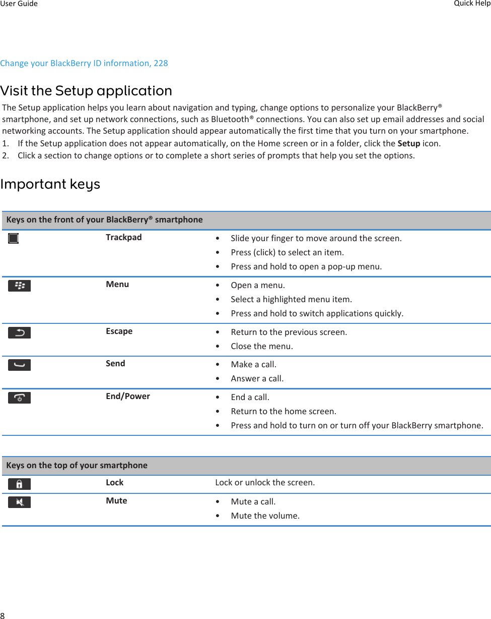 Change your BlackBerry ID information, 228Visit the Setup applicationThe Setup application helps you learn about navigation and typing, change options to personalize your BlackBerry®smartphone, and set up network connections, such as Bluetooth® connections. You can also set up email addresses and socialnetworking accounts. The Setup application should appear automatically the first time that you turn on your smartphone.1. If the Setup application does not appear automatically, on the Home screen or in a folder, click the Setup icon.2. Click a section to change options or to complete a short series of prompts that help you set the options.Important keysKeys on the front of your BlackBerry® smartphoneTrackpad • Slide your finger to move around the screen.•Press (click) to select an item.• Press and hold to open a pop-up menu.Menu • Open a menu.•Select a highlighted menu item.• Press and hold to switch applications quickly.Escape • Return to the previous screen.•Close the menu.Send • Make a call.•Answer a call.End/Power • End a call.•Return to the home screen.• Press and hold to turn on or turn off your BlackBerry smartphone.Keys on the top of your smartphoneLock Lock or unlock the screen.Mute • Mute a call.•Mute the volume.User Guide Quick Help8