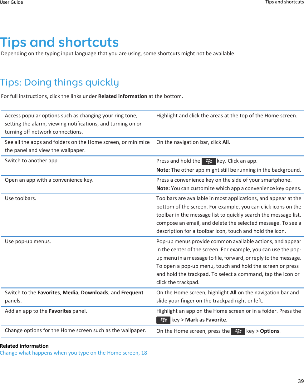 Tips and shortcutsDepending on the typing input language that you are using, some shortcuts might not be available.Tips: Doing things quicklyFor full instructions, click the links under Related information at the bottom.Access popular options such as changing your ring tone,setting the alarm, viewing notifications, and turning on orturning off network connections.Highlight and click the areas at the top of the Home screen.See all the apps and folders on the Home screen, or minimizethe panel and view the wallpaper.On the navigation bar, click All.Switch to another app. Press and hold the   key. Click an app.Note: The other app might still be running in the background.Open an app with a convenience key. Press a convenience key on the side of your smartphone.Note: You can customize which app a convenience key opens.Use toolbars. Toolbars are available in most applications, and appear at thebottom of the screen. For example, you can click icons on thetoolbar in the message list to quickly search the message list,compose an email, and delete the selected message. To see adescription for a toolbar icon, touch and hold the icon.Use pop-up menus. Pop-up menus provide common available actions, and appearin the center of the screen. For example, you can use the pop-up menu in a message to file, forward, or reply to the message.To open a pop-up menu, touch and hold the screen or pressand hold the trackpad. To select a command, tap the icon orclick the trackpad.Switch to the Favorites, Media, Downloads, and Frequentpanels.On the Home screen, highlight All on the navigation bar andslide your finger on the trackpad right or left.Add an app to the Favorites panel. Highlight an app on the Home screen or in a folder. Press the key &gt; Mark as Favorite.Change options for the Home screen such as the wallpaper. On the Home screen, press the   key &gt; Options.Related informationChange what happens when you type on the Home screen, 18User Guide Tips and shortcuts39