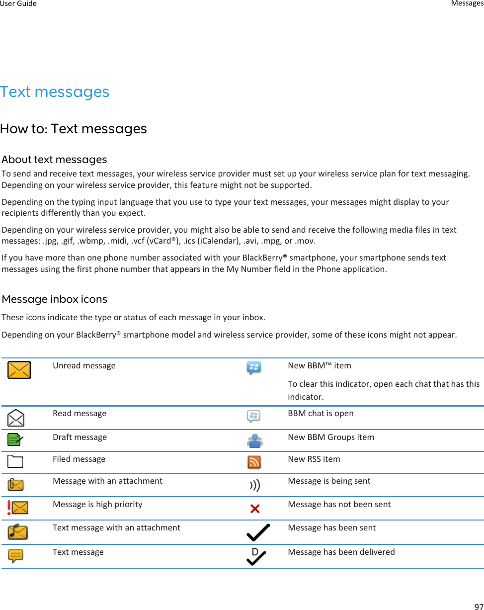 Text messagesHow to: Text messagesAbout text messagesTo send and receive text messages, your wireless service provider must set up your wireless service plan for text messaging.Depending on your wireless service provider, this feature might not be supported.Depending on the typing input language that you use to type your text messages, your messages might display to yourrecipients differently than you expect.Depending on your wireless service provider, you might also be able to send and receive the following media files in textmessages: .jpg, .gif, .wbmp, .midi, .vcf (vCard®), .ics (iCalendar), .avi, .mpg, or .mov.If you have more than one phone number associated with your BlackBerry® smartphone, your smartphone sends textmessages using the first phone number that appears in the My Number field in the Phone application.Message inbox iconsThese icons indicate the type or status of each message in your inbox.Depending on your BlackBerry® smartphone model and wireless service provider, some of these icons might not appear.Unread message New BBM™ itemTo clear this indicator, open each chat that has thisindicator.Read message BBM chat is openDraft message New BBM Groups itemFiled message New RSS itemMessage with an attachment Message is being sentMessage is high priority Message has not been sentText message with an attachment Message has been sentText message Message has been deliveredUser Guide Messages97