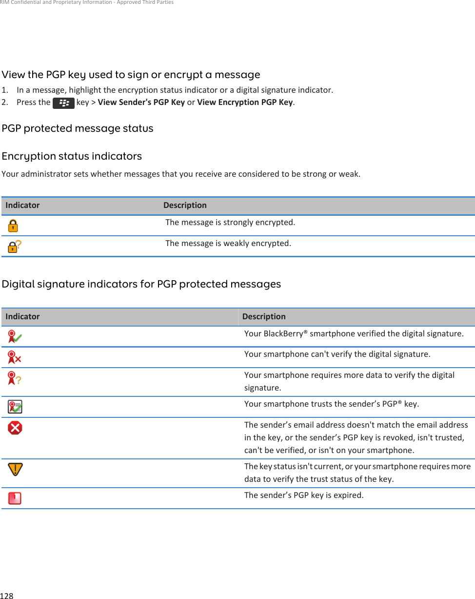 View the PGP key used to sign or encrypt a message1. In a message, highlight the encryption status indicator or a digital signature indicator.2.  Press the   key &gt; View Sender&apos;s PGP Key or View Encryption PGP Key.PGP protected message statusEncryption status indicatorsYour administrator sets whether messages that you receive are considered to be strong or weak.Indicator DescriptionThe message is strongly encrypted.The message is weakly encrypted.Digital signature indicators for PGP protected messagesIndicator DescriptionYour BlackBerry® smartphone verified the digital signature.Your smartphone can&apos;t verify the digital signature.Your smartphone requires more data to verify the digital signature.Your smartphone trusts the sender’s PGP® key.The sender’s email address doesn&apos;t match the email address in the key, or the sender’s PGP key is revoked, isn&apos;t trusted, can&apos;t be verified, or isn&apos;t on your smartphone.The key status isn&apos;t current, or your smartphone requires more data to verify the trust status of the key.The sender’s PGP key is expired.RIM Confidential and Proprietary Information - Approved Third Parties128