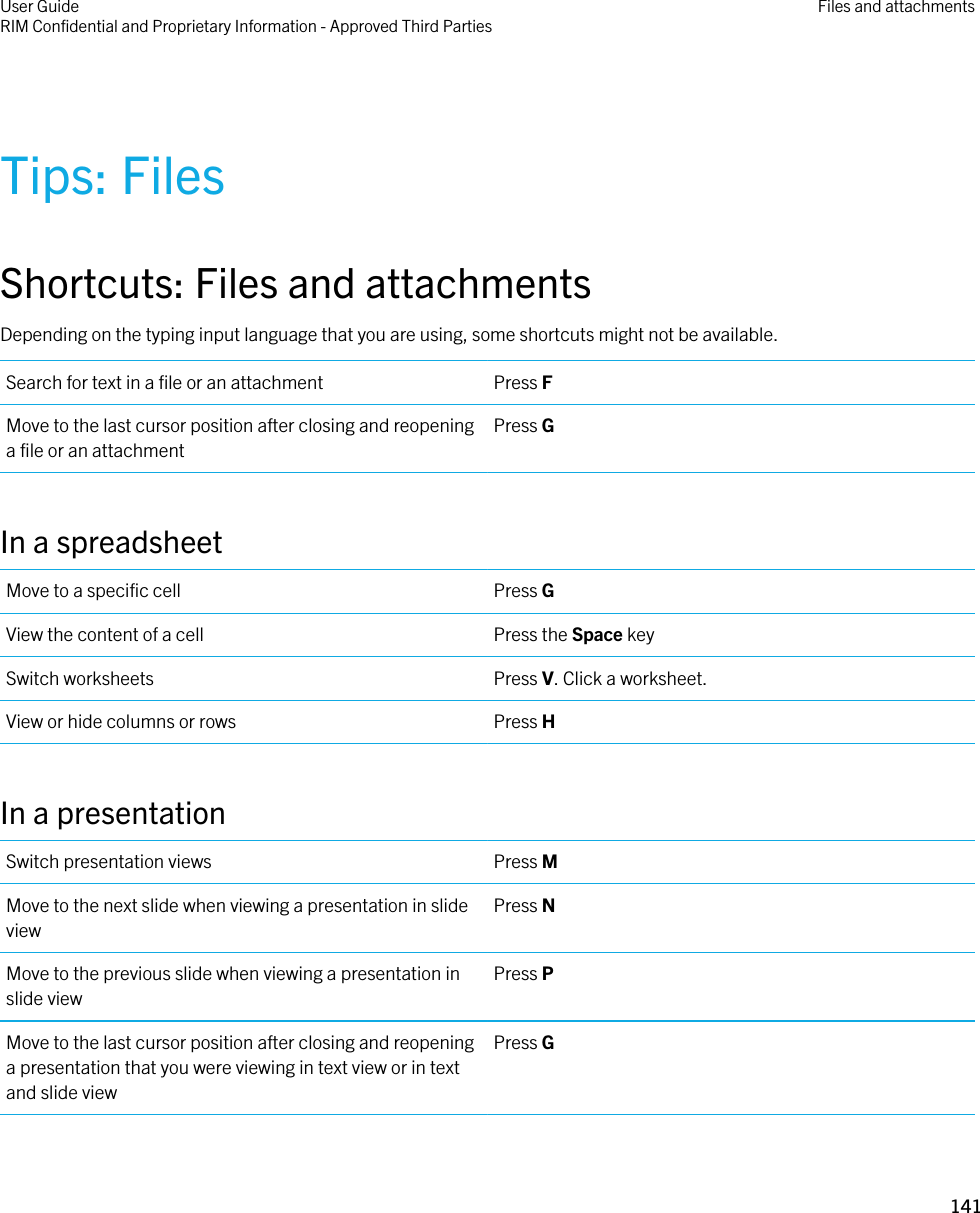 Tips: FilesShortcuts: Files and attachmentsDepending on the typing input language that you are using, some shortcuts might not be available.Search for text in a file or an attachment Press FMove to the last cursor position after closing and reopening a file or an attachmentPress GIn a spreadsheetMove to a specific cell Press GView the content of a cell Press the Space keySwitch worksheets Press V. Click a worksheet.View or hide columns or rows Press HIn a presentationSwitch presentation views Press MMove to the next slide when viewing a presentation in slide viewPress NMove to the previous slide when viewing a presentation in slide viewPress PMove to the last cursor position after closing and reopening a presentation that you were viewing in text view or in text and slide viewPress GUser GuideRIM Confidential and Proprietary Information - Approved Third Parties Files and attachments141 