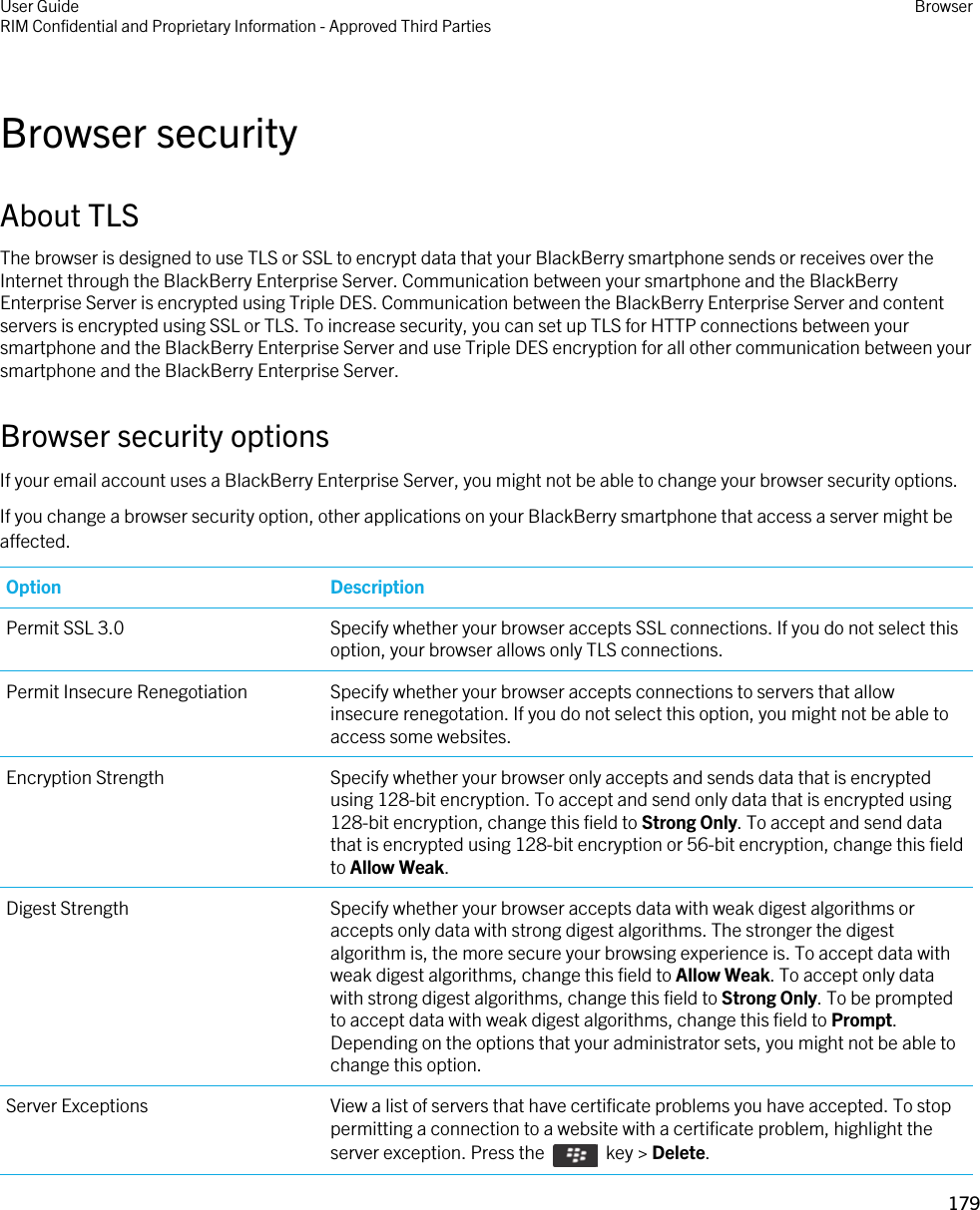 Browser securityAbout TLSThe browser is designed to use TLS or SSL to encrypt data that your BlackBerry smartphone sends or receives over the Internet through the BlackBerry Enterprise Server. Communication between your smartphone and the BlackBerry Enterprise Server is encrypted using Triple DES. Communication between the BlackBerry Enterprise Server and content servers is encrypted using SSL or TLS. To increase security, you can set up TLS for HTTP connections between your smartphone and the BlackBerry Enterprise Server and use Triple DES encryption for all other communication between your smartphone and the BlackBerry Enterprise Server.Browser security optionsIf your email account uses a BlackBerry Enterprise Server, you might not be able to change your browser security options.If you change a browser security option, other applications on your BlackBerry smartphone that access a server might be affected.Option DescriptionPermit SSL 3.0 Specify whether your browser accepts SSL connections. If you do not select this option, your browser allows only TLS connections.Permit Insecure Renegotiation Specify whether your browser accepts connections to servers that allow insecure renegotation. If you do not select this option, you might not be able to access some websites.Encryption Strength Specify whether your browser only accepts and sends data that is encrypted using 128-bit encryption. To accept and send only data that is encrypted using 128-bit encryption, change this field to Strong Only. To accept and send data that is encrypted using 128-bit encryption or 56-bit encryption, change this field to Allow Weak.Digest Strength Specify whether your browser accepts data with weak digest algorithms or accepts only data with strong digest algorithms. The stronger the digest algorithm is, the more secure your browsing experience is. To accept data with weak digest algorithms, change this field to Allow Weak. To accept only data with strong digest algorithms, change this field to Strong Only. To be prompted to accept data with weak digest algorithms, change this field to Prompt. Depending on the options that your administrator sets, you might not be able to change this option.Server Exceptions View a list of servers that have certificate problems you have accepted. To stop permitting a connection to a website with a certificate problem, highlight the server exception. Press the    key &gt; Delete.User GuideRIM Confidential and Proprietary Information - Approved Third Parties Browser179 