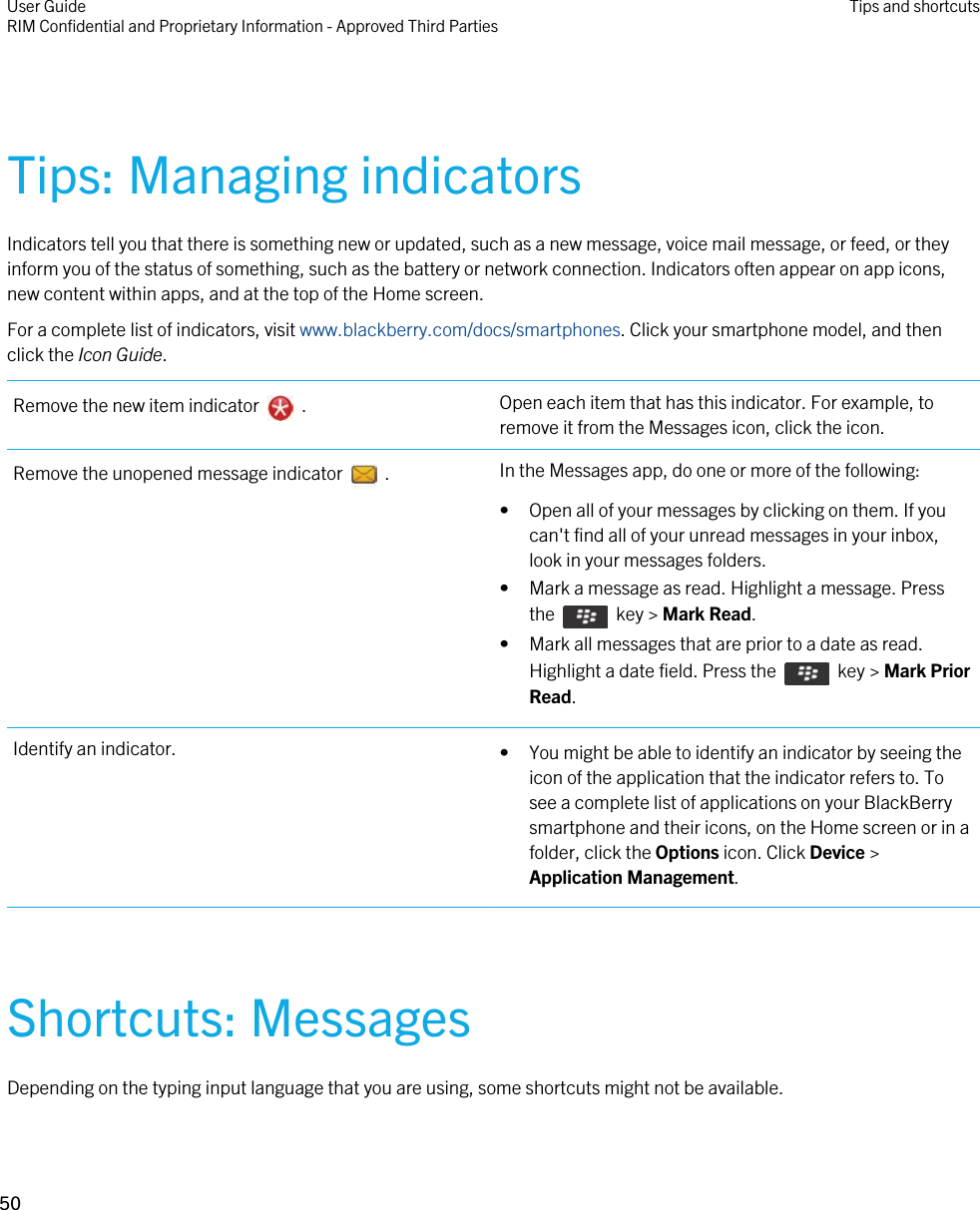 Tips: Managing indicatorsIndicators tell you that there is something new or updated, such as a new message, voice mail message, or feed, or they inform you of the status of something, such as the battery or network connection. Indicators often appear on app icons, new content within apps, and at the top of the Home screen.For a complete list of indicators, visit www.blackberry.com/docs/smartphones. Click your smartphone model, and then click the Icon Guide.Remove the new item indicator    . Open each item that has this indicator. For example, to remove it from the Messages icon, click the icon.Remove the unopened message indicator    . In the Messages app, do one or more of the following:• Open all of your messages by clicking on them. If you can&apos;t find all of your unread messages in your inbox, look in your messages folders.• Mark a message as read. Highlight a message. Press the    key &gt; Mark Read.• Mark all messages that are prior to a date as read. Highlight a date field. Press the    key &gt; Mark Prior Read.Identify an indicator. • You might be able to identify an indicator by seeing the icon of the application that the indicator refers to. To see a complete list of applications on your BlackBerry smartphone and their icons, on the Home screen or in a folder, click the Options icon. Click Device &gt; Application Management.Shortcuts: MessagesDepending on the typing input language that you are using, some shortcuts might not be available.User GuideRIM Confidential and Proprietary Information - Approved Third Parties Tips and shortcuts50 