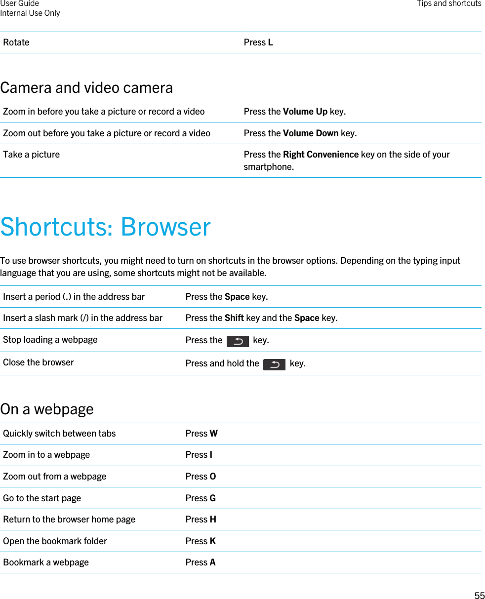 Rotate Press LCamera and video cameraZoom in before you take a picture or record a video Press the Volume Up key.Zoom out before you take a picture or record a video Press the Volume Down key.Take a picture Press the Right Convenience key on the side of your smartphone.Shortcuts: BrowserTo use browser shortcuts, you might need to turn on shortcuts in the browser options. Depending on the typing input language that you are using, some shortcuts might not be available.Insert a period (.) in the address bar Press the Space key.Insert a slash mark (/) in the address bar Press the Shift key and the Space key.Stop loading a webpage Press the    key.Close the browser Press and hold the    key.On a webpageQuickly switch between tabs Press WZoom in to a webpage Press IZoom out from a webpage Press OGo to the start page Press GReturn to the browser home page Press HOpen the bookmark folder Press KBookmark a webpage Press AUser GuideInternal Use Only Tips and shortcuts55 