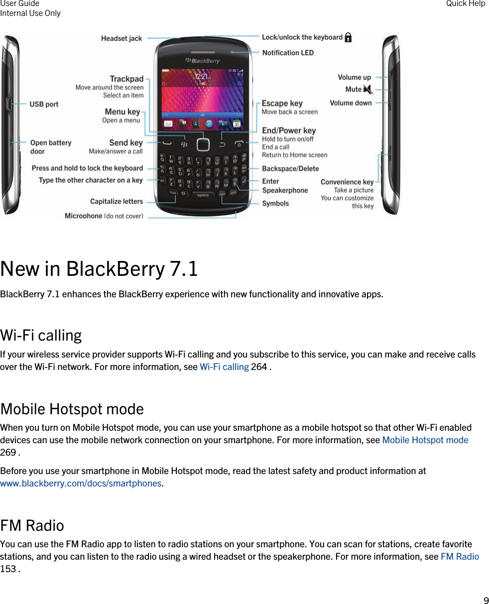  New in BlackBerry 7.1BlackBerry 7.1 enhances the BlackBerry experience with new functionality and innovative apps.Wi-Fi callingIf your wireless service provider supports Wi-Fi calling and you subscribe to this service, you can make and receive calls over the Wi-Fi network. For more information, see Wi-Fi calling 264 .Mobile Hotspot modeWhen you turn on Mobile Hotspot mode, you can use your smartphone as a mobile hotspot so that other Wi-Fi enabled devices can use the mobile network connection on your smartphone. For more information, see Mobile Hotspot mode 269 .Before you use your smartphone in Mobile Hotspot mode, read the latest safety and product information at www.blackberry.com/docs/smartphones.FM RadioYou can use the FM Radio app to listen to radio stations on your smartphone. You can scan for stations, create favorite stations, and you can listen to the radio using a wired headset or the speakerphone. For more information, see FM Radio 153 .User GuideInternal Use Only Quick Help9 