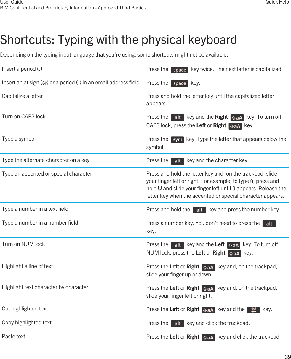 Shortcuts: Typing with the physical keyboardDepending on the typing input language that you&apos;re using, some shortcuts might not be available.Insert a period (.) Press the    key twice. The next letter is capitalized.Insert an at sign (@) or a period (.) in an email address field Press the    key.Capitalize a letter Press and hold the letter key until the capitalized letter appears.Turn on CAPS lock Press the    key and the Right    key. To turn off CAPS lock, press the Left or Right    key.Type a symbol Press the    key. Type the letter that appears below the symbol.Type the alternate character on a key Press the    key and the character key.Type an accented or special character Press and hold the letter key and, on the trackpad, slide your finger left or right. For example, to type ü, press and hold U and slide your finger left until ü appears. Release the letter key when the accented or special character appears.Type a number in a text field Press and hold the    key and press the number key.Type a number in a number field Press a number key. You don&apos;t need to press the key.Turn on NUM lock Press the    key and the Left    key. To turn off NUM lock, press the Left or Right    key.Highlight a line of text Press the Left or Right    key and, on the trackpad, slide your finger up or down.Highlight text character by character Press the Left or Right    key and, on the trackpad, slide your finger left or right.Cut highlighted text Press the Left or Right    key and the    key.Copy highlighted text Press the    key and click the trackpad.Paste text Press the Left or Right    key and click the trackpad.User GuideRIM Confidential and Proprietary Information - Approved Third PartiesQuick Help39 