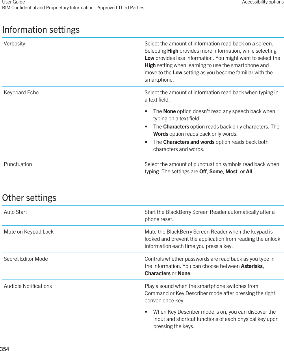 Information settingsVerbosity Select the amount of information read back on a screen. Selecting High provides more information, while selecting Low provides less information. You might want to select the High setting when learning to use the smartphone and move to the Low setting as you become familiar with the smartphone.Keyboard Echo Select the amount of information read back when typing in a text field.• The None option doesn&apos;t read any speech back when typing on a text field.• The Characters option reads back only characters. The Words option reads back only words.• The Characters and words option reads back both characters and words.Punctuation Select the amount of punctuation symbols read back when typing. The settings are Off, Some, Most, or All.Other settingsAuto Start Start the BlackBerry Screen Reader automatically after a phone reset.Mute on Keypad Lock Mute the BlackBerry Screen Reader when the keypad is locked and prevent the application from reading the unlock information each time you press a key.Secret Editor Mode Controls whether passwords are read back as you type in the information. You can choose between Asterisks, Characters or None.Audible Notifications Play a sound when the smartphone switches from Command or Key Describer mode after pressing the right convenience key.• When Key Describer mode is on, you can discover the input and shortcut functions of each physical key upon pressing the keys.User GuideRIM Confidential and Proprietary Information - Approved Third PartiesAccessibility options354 