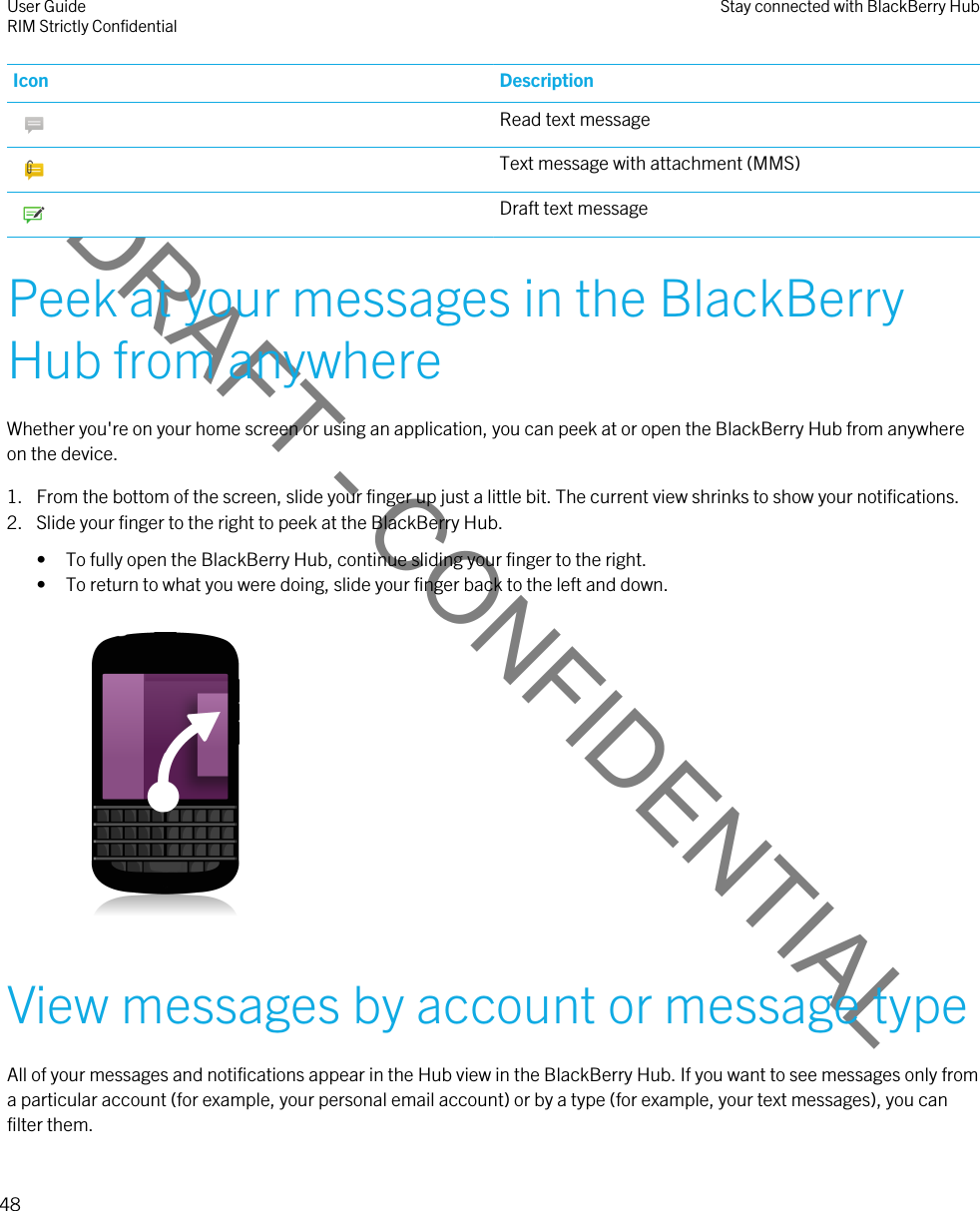 DRAFT - CONFIDENTIALIcon Description Read text message Text message with attachment (MMS) Draft text messagePeek at your messages in the BlackBerry Hub from anywhereWhether you&apos;re on your home screen or using an application, you can peek at or open the BlackBerry Hub from anywhere on the device.1. From the bottom of the screen, slide your finger up just a little bit. The current view shrinks to show your notifications.2. Slide your finger to the right to peek at the BlackBerry Hub.• To fully open the BlackBerry Hub, continue sliding your finger to the right.• To return to what you were doing, slide your finger back to the left and down. View messages by account or message typeAll of your messages and notifications appear in the Hub view in the BlackBerry Hub. If you want to see messages only from a particular account (for example, your personal email account) or by a type (for example, your text messages), you can filter them.User GuideRIM Strictly Confidential Stay connected with BlackBerry Hub48 