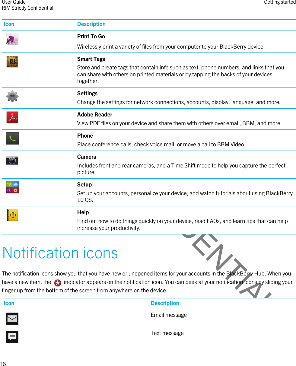 DRAFT - CONFIDENTIALIcon Description Print To GoWirelessly print a variety of files from your computer to your BlackBerry device. Smart TagsStore and create tags that contain info such as text, phone numbers, and links that you can share with others on printed materials or by tapping the backs of your devices together. SettingsChange the settings for network connections, accounts, display, language, and more. Adobe ReaderView PDF files on your device and share them with others over email, BBM, and more. PhonePlace conference calls, check voice mail, or move a call to BBM Video. CameraIncludes front and rear cameras, and a Time Shift mode to help you capture the perfect picture. SetupSet up your accounts, personalize your device, and watch tutorials about using BlackBerry 10 OS. HelpFind out how to do things quickly on your device, read FAQs, and learn tips that can help increase your productivity.Notification iconsThe notification icons show you that you have new or unopened items for your accounts in the BlackBerry Hub. When you have a new item, the    indicator appears on the notification icon. You can peek at your notification icons by sliding your finger up from the bottom of the screen from anywhere on the device.Icon Description Email message Text messageUser GuideRIM Strictly Confidential Getting started16 