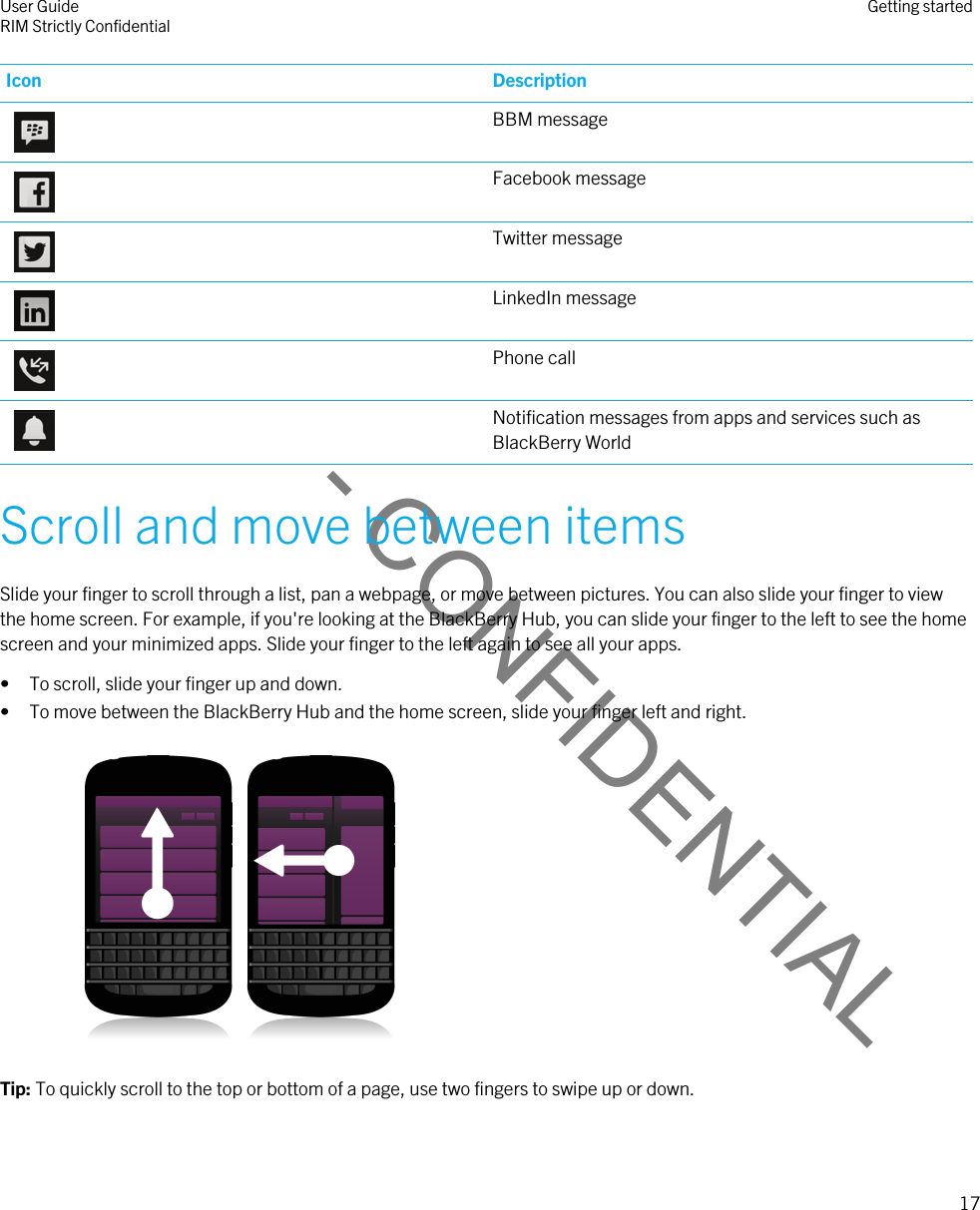 DRAFT - CONFIDENTIALIcon Description BBM message Facebook message Twitter message LinkedIn message Phone call Notification messages from apps and services such as BlackBerry WorldScroll and move between itemsSlide your finger to scroll through a list, pan a webpage, or move between pictures. You can also slide your finger to view the home screen. For example, if you&apos;re looking at the BlackBerry Hub, you can slide your finger to the left to see the home screen and your minimized apps. Slide your finger to the left again to see all your apps.• To scroll, slide your finger up and down.• To move between the BlackBerry Hub and the home screen, slide your finger left and right.   Tip: To quickly scroll to the top or bottom of a page, use two fingers to swipe up or down.User GuideRIM Strictly Confidential Getting started17 
