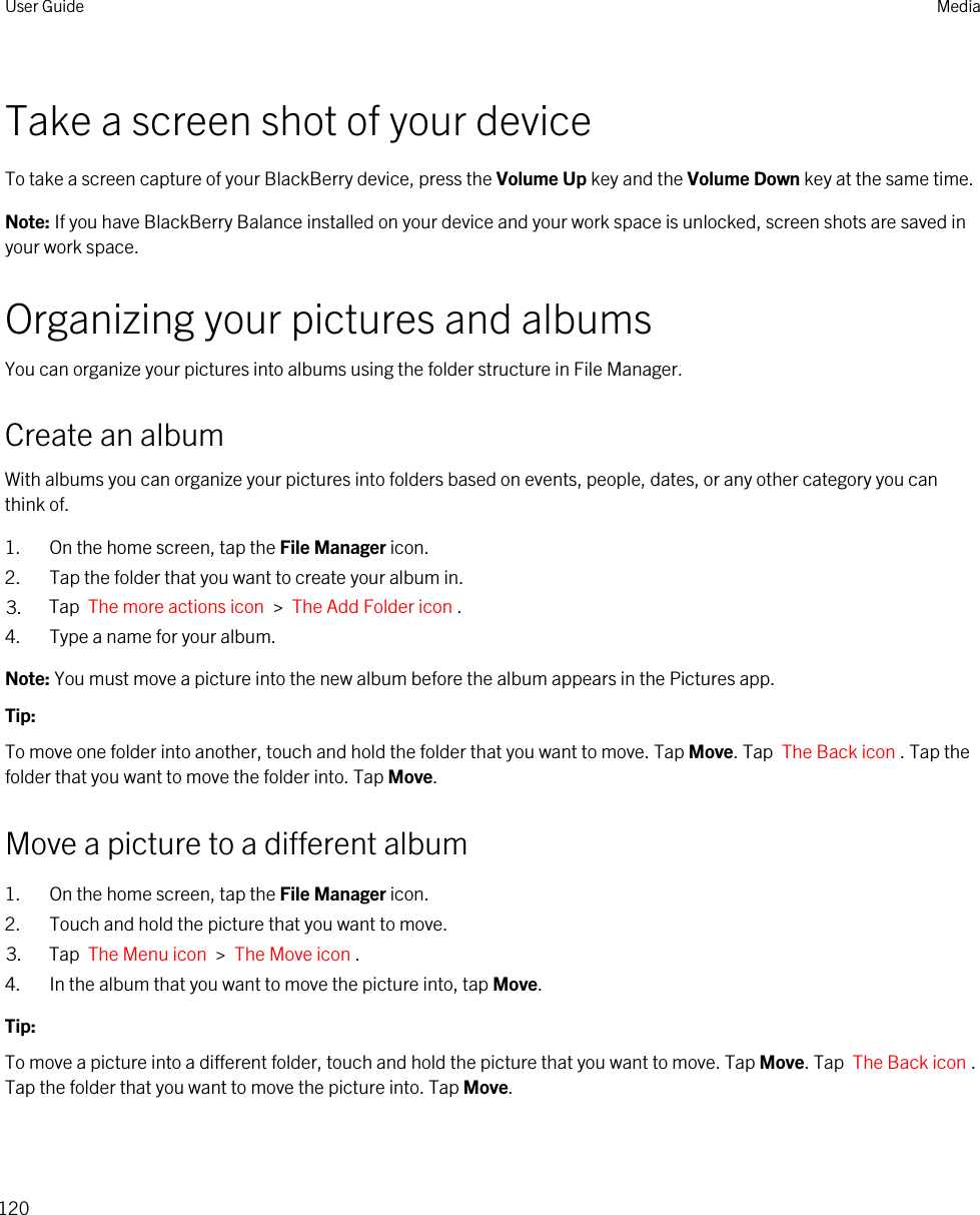 Take a screen shot of your deviceTo take a screen capture of your BlackBerry device, press the Volume Up key and the Volume Down key at the same time.Note: If you have BlackBerry Balance installed on your device and your work space is unlocked, screen shots are saved in your work space.Organizing your pictures and albumsYou can organize your pictures into albums using the folder structure in File Manager.Create an albumWith albums you can organize your pictures into folders based on events, people, dates, or any other category you can think of.1. On the home screen, tap the File Manager icon.2. Tap the folder that you want to create your album in.3. Tap  The more actions icon  &gt;  The Add Folder icon .4. Type a name for your album.Note: You must move a picture into the new album before the album appears in the Pictures app.Tip: To move one folder into another, touch and hold the folder that you want to move. Tap Move. Tap  The Back icon . Tap the folder that you want to move the folder into. Tap Move.Move a picture to a different album1. On the home screen, tap the File Manager icon.2. Touch and hold the picture that you want to move.3. Tap  The Menu icon  &gt;  The Move icon .4. In the album that you want to move the picture into, tap Move.Tip: To move a picture into a different folder, touch and hold the picture that you want to move. Tap Move. Tap  The Back icon . Tap the folder that you want to move the picture into. Tap Move.User Guide Media120