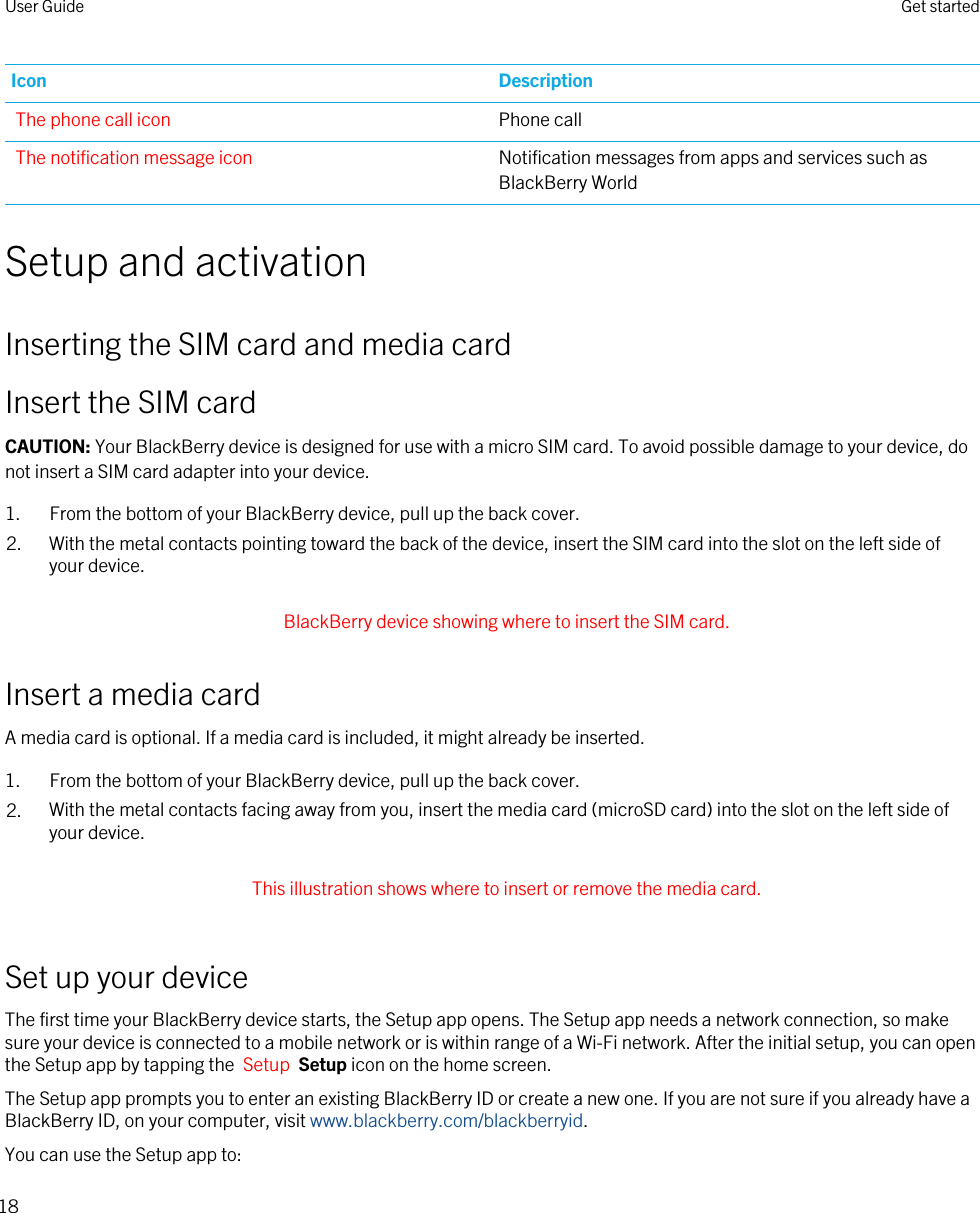 Icon DescriptionThe phone call icon Phone callThe notification message icon Notification messages from apps and services such as BlackBerry WorldSetup and activationInserting the SIM card and media cardInsert the SIM cardCAUTION: Your BlackBerry device is designed for use with a micro SIM card. To avoid possible damage to your device, do not insert a SIM card adapter into your device.1. From the bottom of your BlackBerry device, pull up the back cover.2. With the metal contacts pointing toward the back of the device, insert the SIM card into the slot on the left side of your device. BlackBerry device showing where to insert the SIM card. Insert a media cardA media card is optional. If a media card is included, it might already be inserted.1. From the bottom of your BlackBerry device, pull up the back cover.2. With the metal contacts facing away from you, insert the media card (microSD card) into the slot on the left side of your device. This illustration shows where to insert or remove the media card. Set up your deviceThe first time your BlackBerry device starts, the Setup app opens. The Setup app needs a network connection, so make sure your device is connected to a mobile network or is within range of a Wi-Fi network. After the initial setup, you can open the Setup app by tapping the  Setup  Setup icon on the home screen. The Setup app prompts you to enter an existing BlackBerry ID or create a new one. If you are not sure if you already have a BlackBerry ID, on your computer, visit www.blackberry.com/blackberryid.You can use the Setup app to:User Guide Get started18