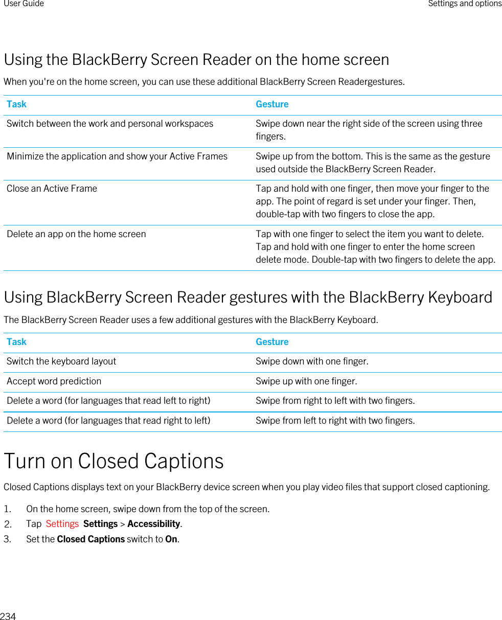 Using the BlackBerry Screen Reader on the home screenWhen you&apos;re on the home screen, you can use these additional BlackBerry Screen Readergestures.Task GestureSwitch between the work and personal workspaces Swipe down near the right side of the screen using three fingers.Minimize the application and show your Active Frames Swipe up from the bottom. This is the same as the gesture used outside the BlackBerry Screen Reader.Close an Active Frame Tap and hold with one finger, then move your finger to the app. The point of regard is set under your finger. Then, double-tap with two fingers to close the app.Delete an app on the home screen Tap with one finger to select the item you want to delete. Tap and hold with one finger to enter the home screen delete mode. Double-tap with two fingers to delete the app.Using BlackBerry Screen Reader gestures with the BlackBerry KeyboardThe BlackBerry Screen Reader uses a few additional gestures with the BlackBerry Keyboard.Task GestureSwitch the keyboard layout Swipe down with one finger.Accept word prediction Swipe up with one finger.Delete a word (for languages that read left to right) Swipe from right to left with two fingers.Delete a word (for languages that read right to left) Swipe from left to right with two fingers.Turn on Closed CaptionsClosed Captions displays text on your BlackBerry device screen when you play video files that support closed captioning.1. On the home screen, swipe down from the top of the screen.2. Tap  Settings  Settings &gt; Accessibility.3. Set the Closed Captions switch to On.User Guide Settings and options234